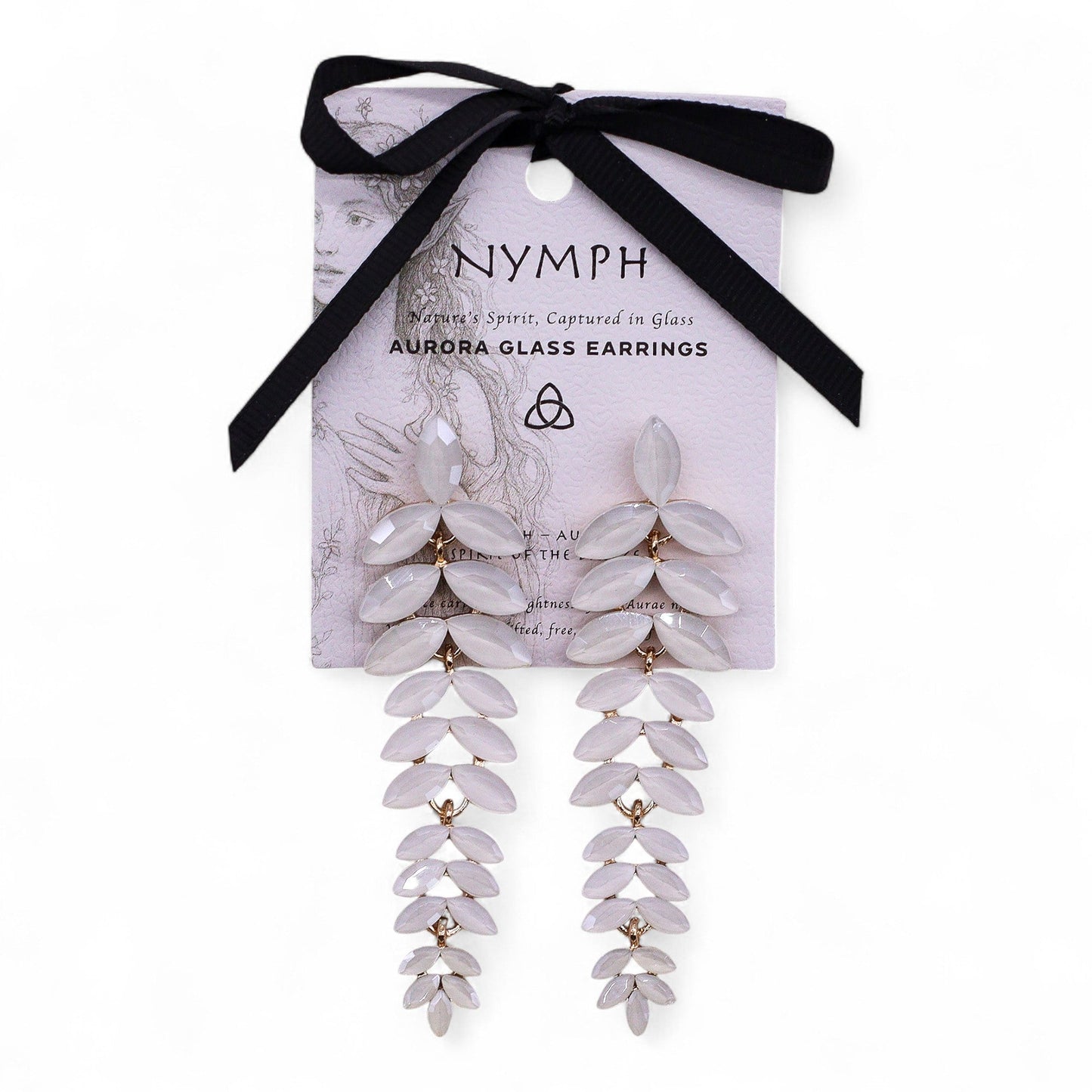 Mystical Nymph Aurora Vintage Glass Earrings - Pearl / Long Drop product packaging on clean background from Quintessential Holistic Health Ltd