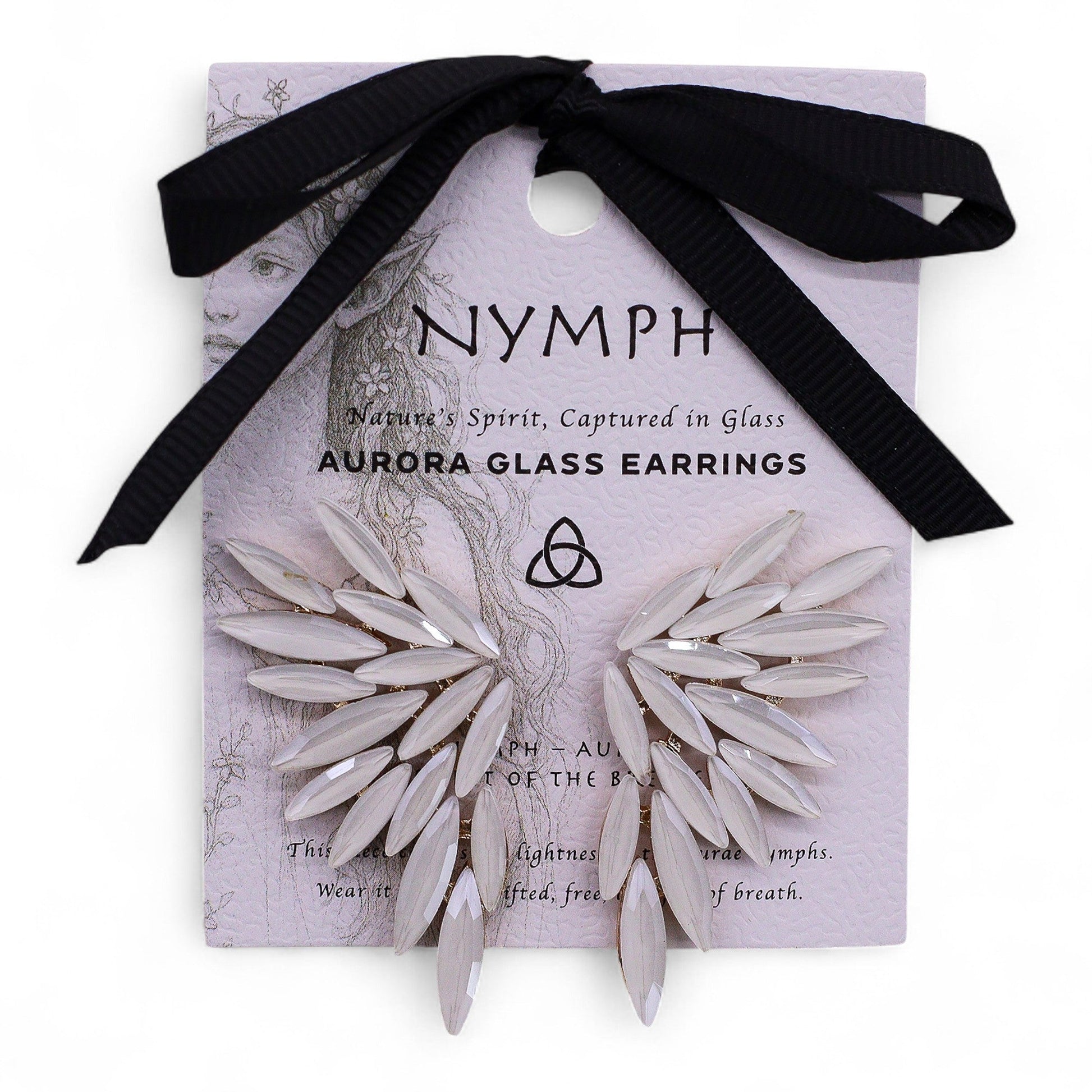Mystical Nymph Aurora Vintage Glass Earrings - Pearl / Angel Wings product packaging on clean background from Quintessential Holistic Health Ltd