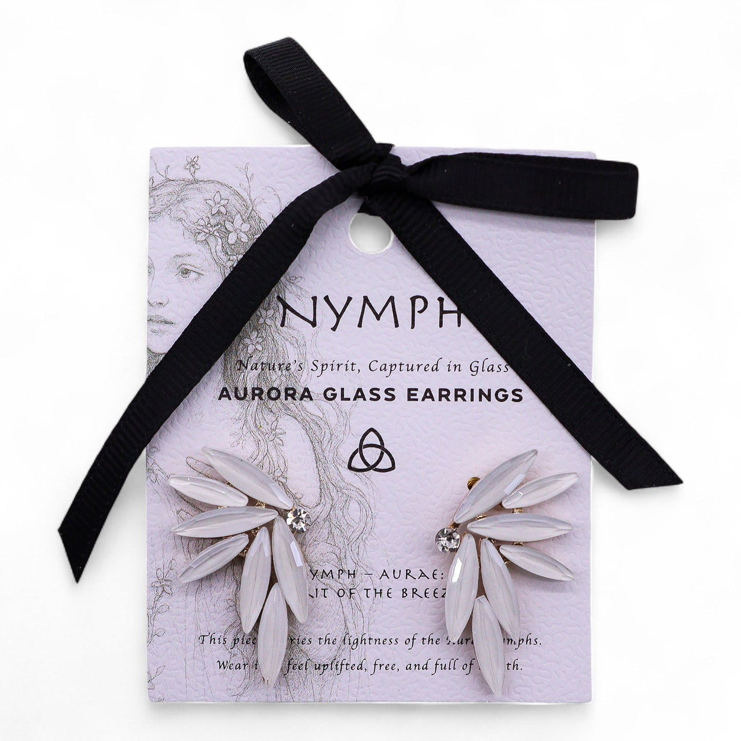 Mystical Nymph Aurora Vintage Glass Earrings - Pearl / Fairies product packaging on clean background from Quintessential Holistic Health Ltd