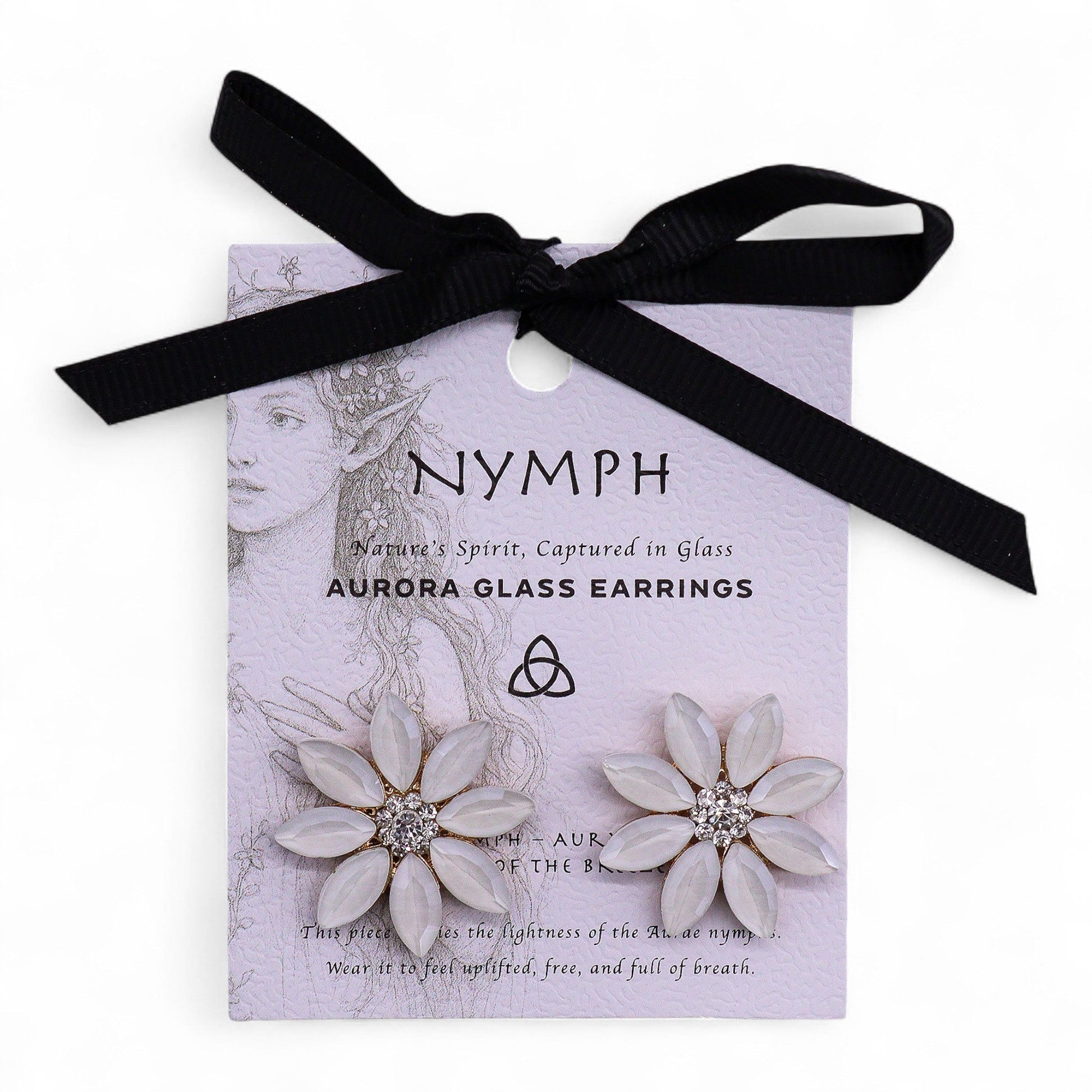 Mystical Nymph Aurora Vintage Glass Earrings - Pearl / Flowers product packaging on clean background from Quintessential Holistic Health Ltd