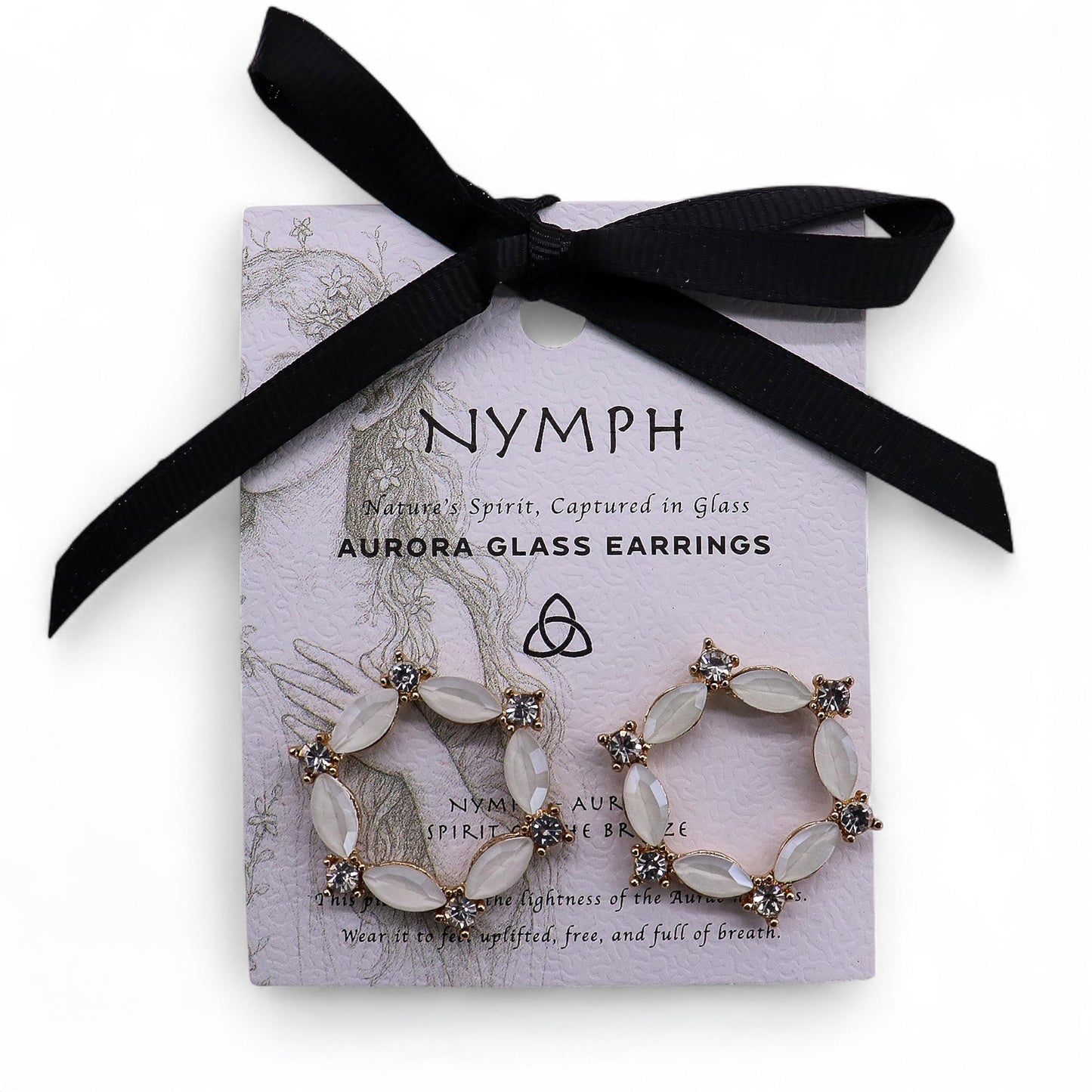 Mystical Nymph Aurora Vintage Glass Earrings - Pearl / Loop product packaging on clean background from Quintessential Holistic Health Ltd
