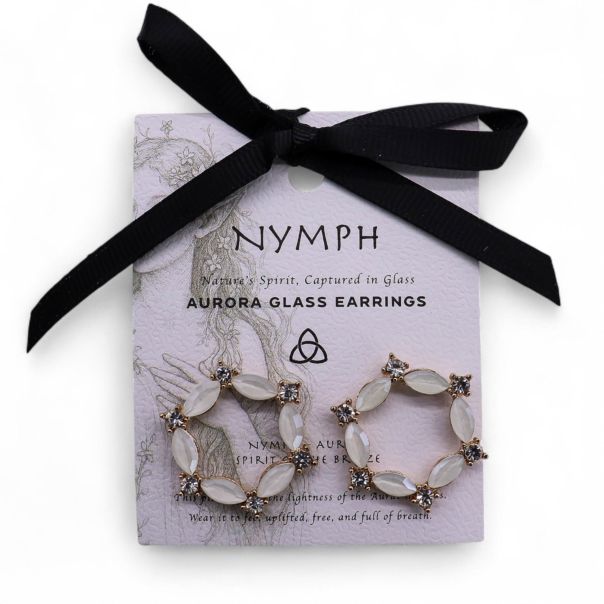 Mystical Nymph Aurora Vintage Glass Earrings - Pearl / Loop product packaging on clean background from Quintessential Holistic Health Ltd