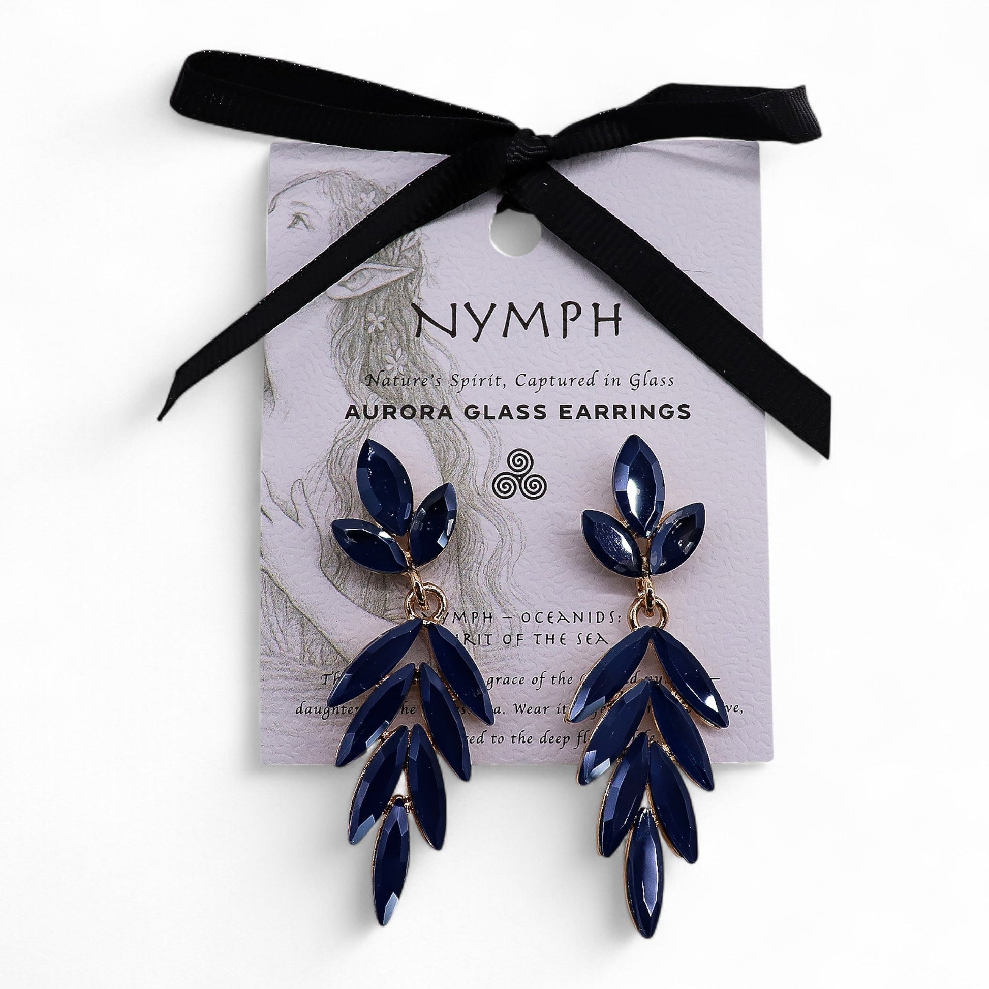 Mystical Nymph Aurora Vintage Glass Earrings - Royal Blue / Long Drop product packaging on clean background from Quintessential Holistic Health Ltd