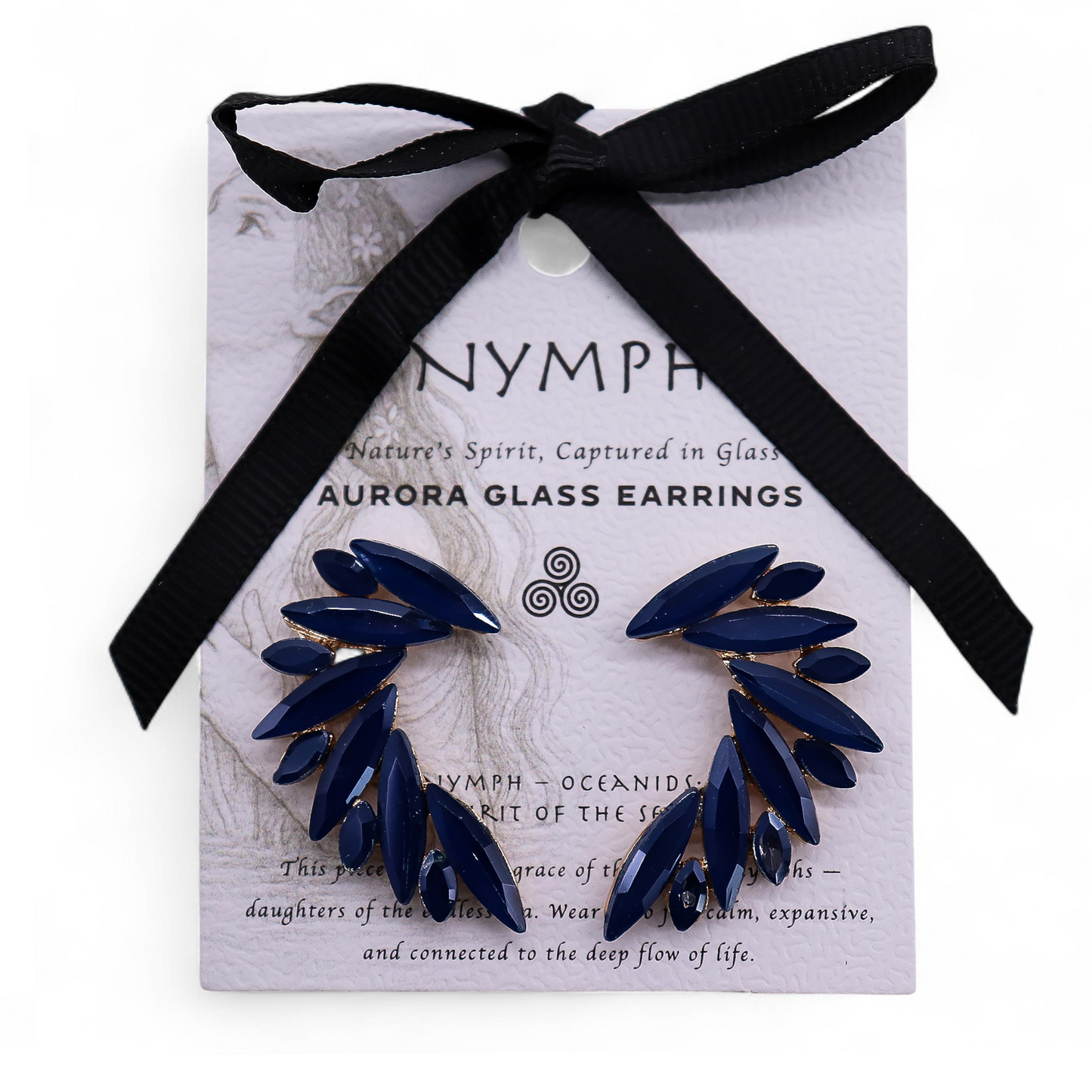 Mystical Nymph Aurora Vintage Glass Earrings - Royal Blue / Angel Wings product packaging on clean background from Quintessential Holistic Health Ltd