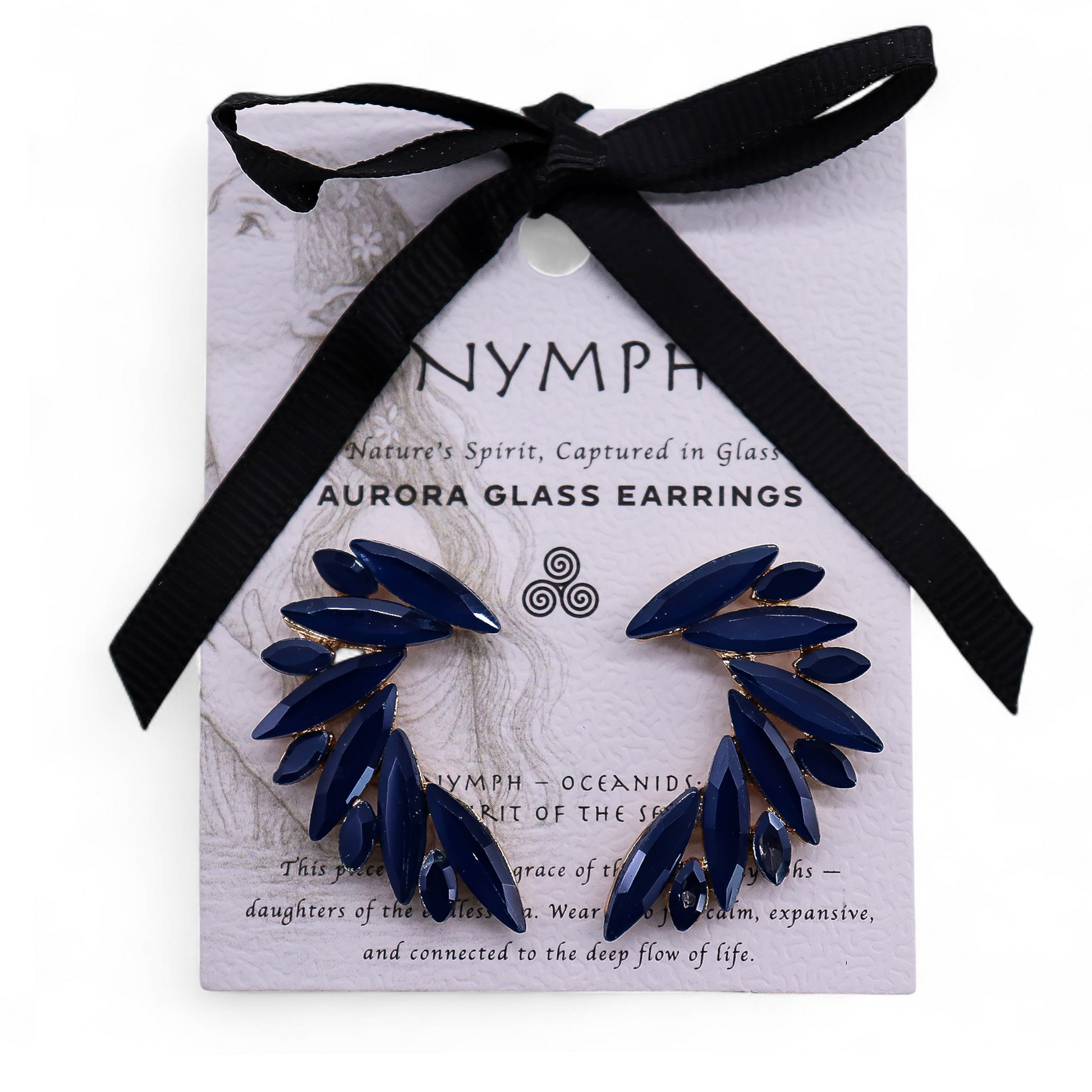 Mystical Nymph Aurora Vintage Glass Earrings - Royal Blue / Angel Wings product packaging on clean background from Quintessential Holistic Health Ltd