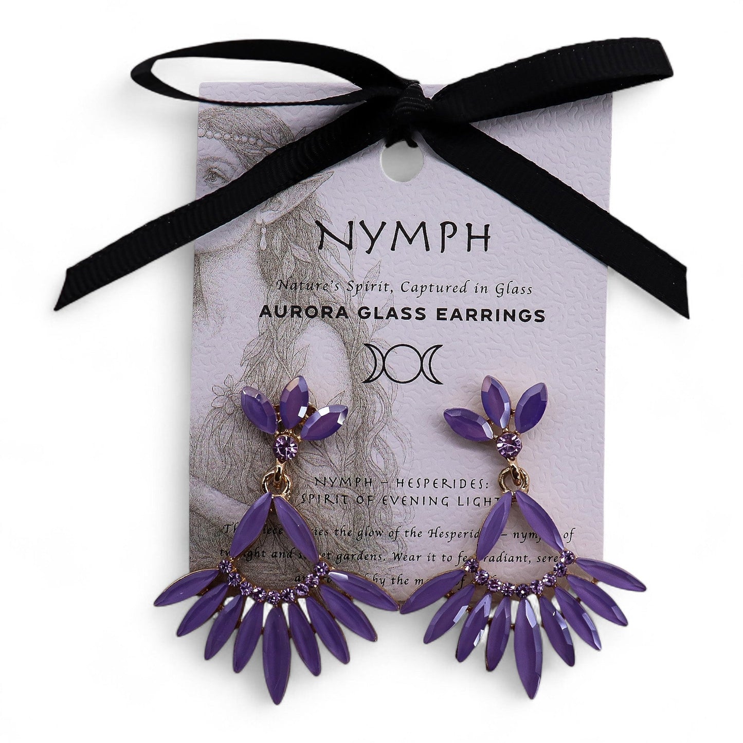 Mystical Nymph Aurora Vintage Glass Earrings - Lavender / Long Drop product packaging on clean background from Quintessential Holistic Health Ltd