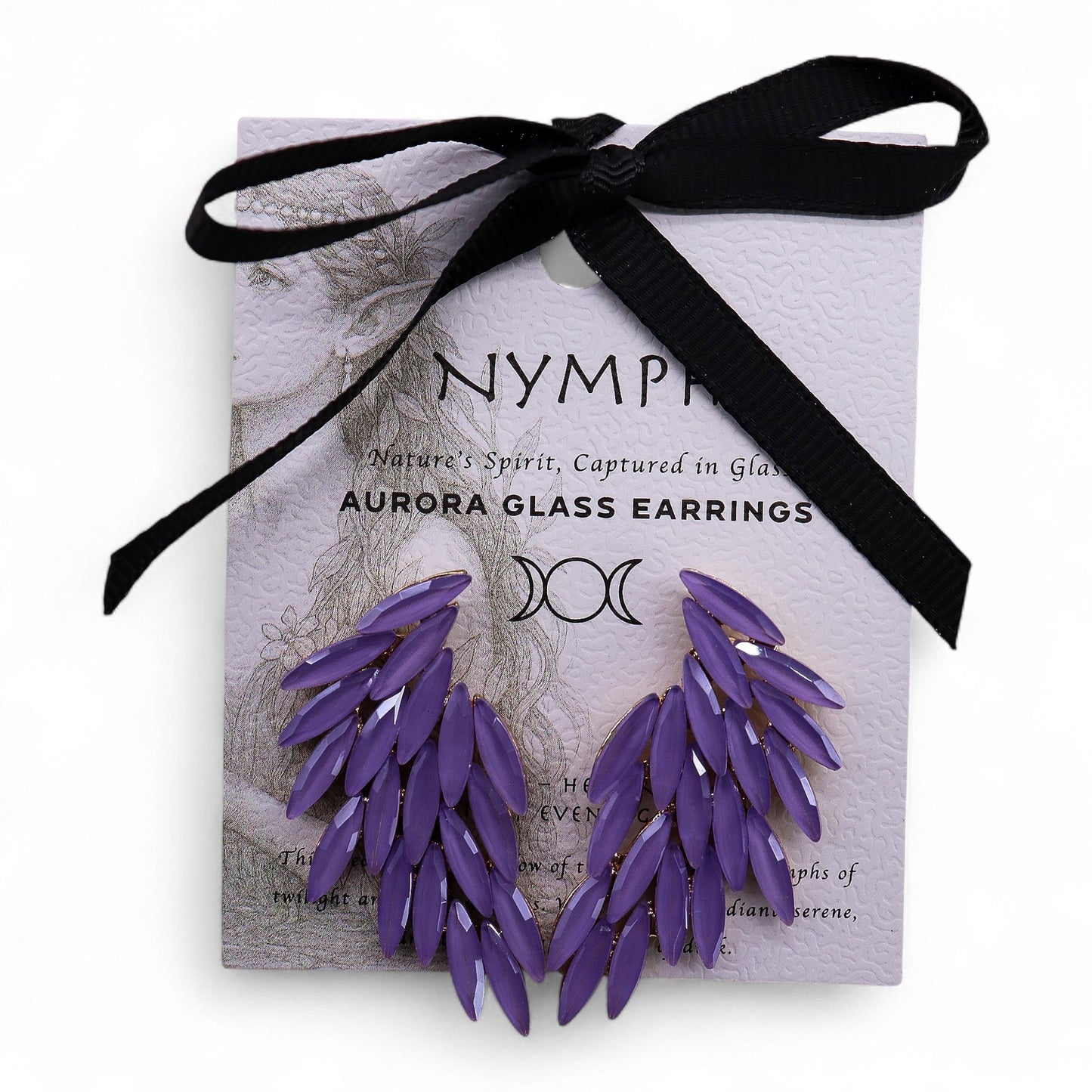Mystical Nymph Aurora Vintage Glass Earrings - Lavender / Angel Wings product packaging on clean background from Quintessential Holistic Health Ltd