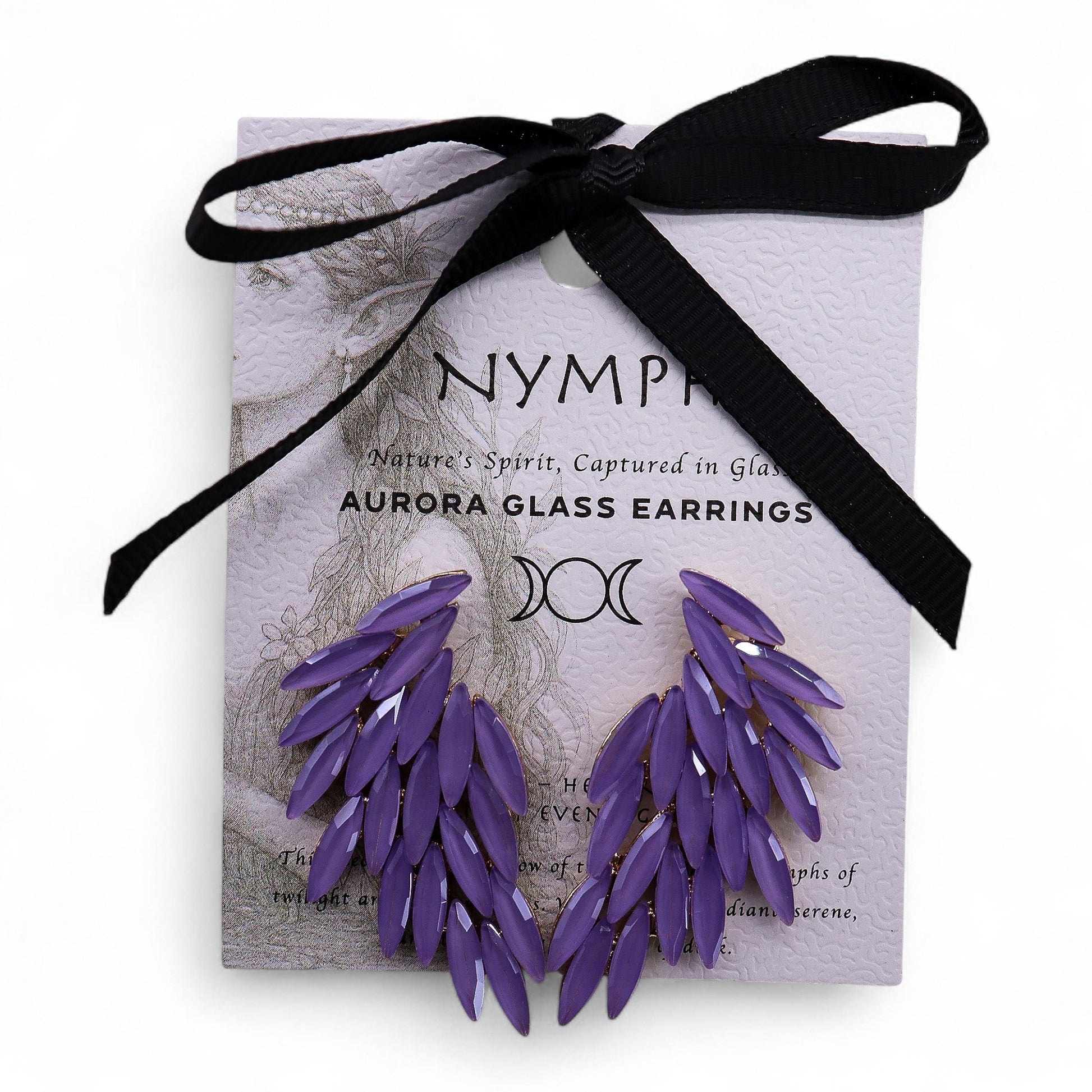 Mystical Nymph Aurora Vintage Glass Earrings - Lavender / Angel Wings product packaging on clean background from Quintessential Holistic Health Ltd