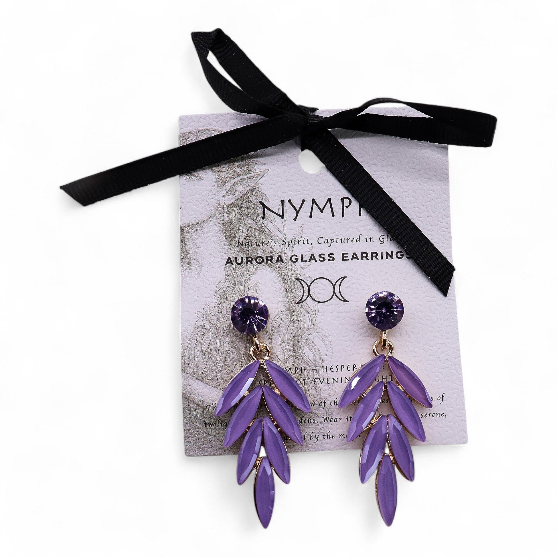 Mystical Nymph Aurora Vintage Glass Earrings - Lavender / Fairies product packaging on clean background from Quintessential Holistic Health Ltd