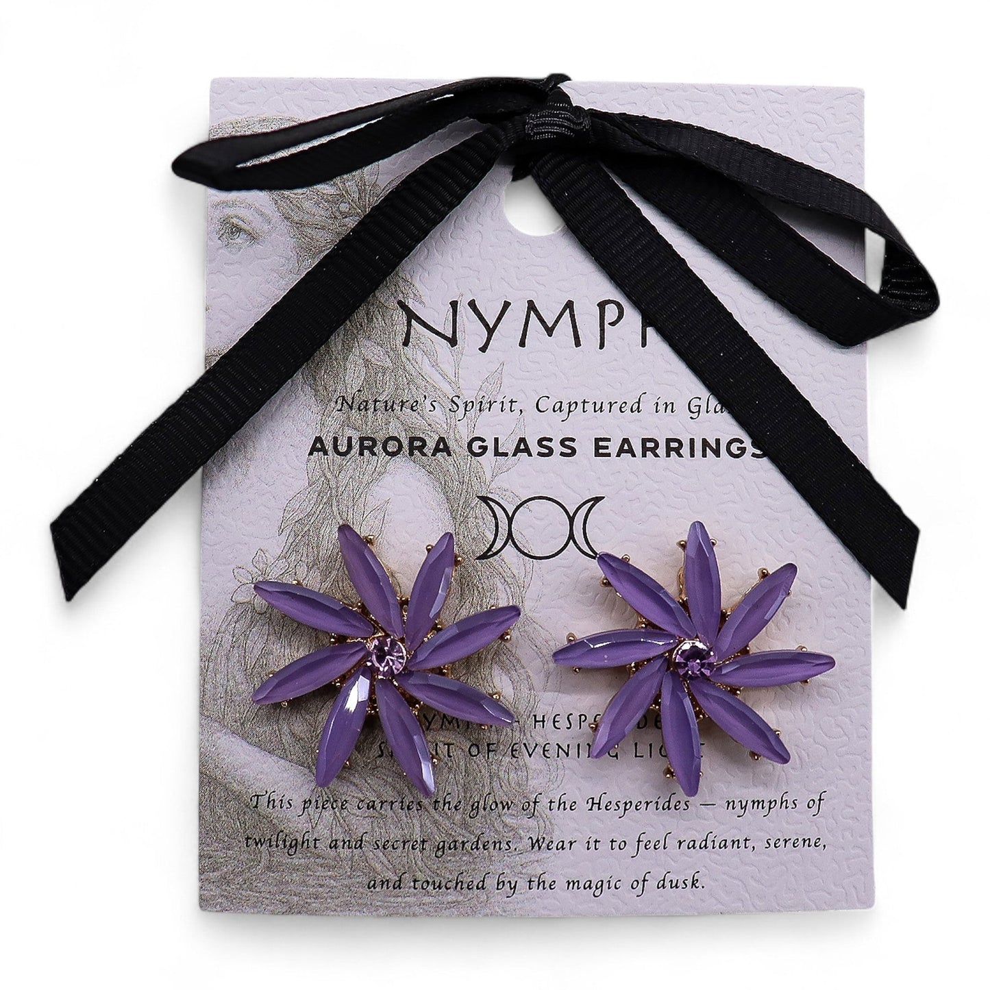 Mystical Nymph Aurora Vintage Glass Earrings - Lavender / Flowers product packaging on clean background from Quintessential Holistic Health Ltd