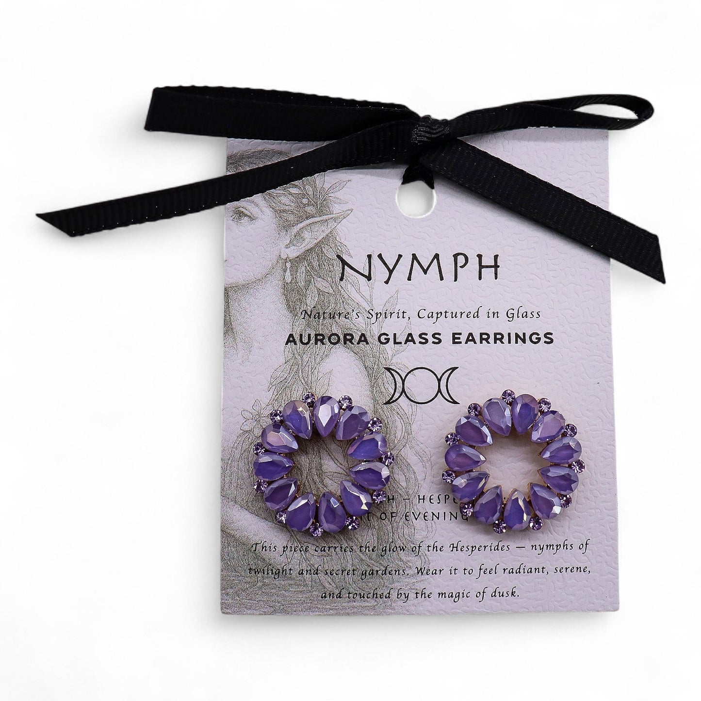 Mystical Nymph Aurora Vintage Glass Earrings - Lavender / Loop product packaging on clean background from Quintessential Holistic Health Ltd
