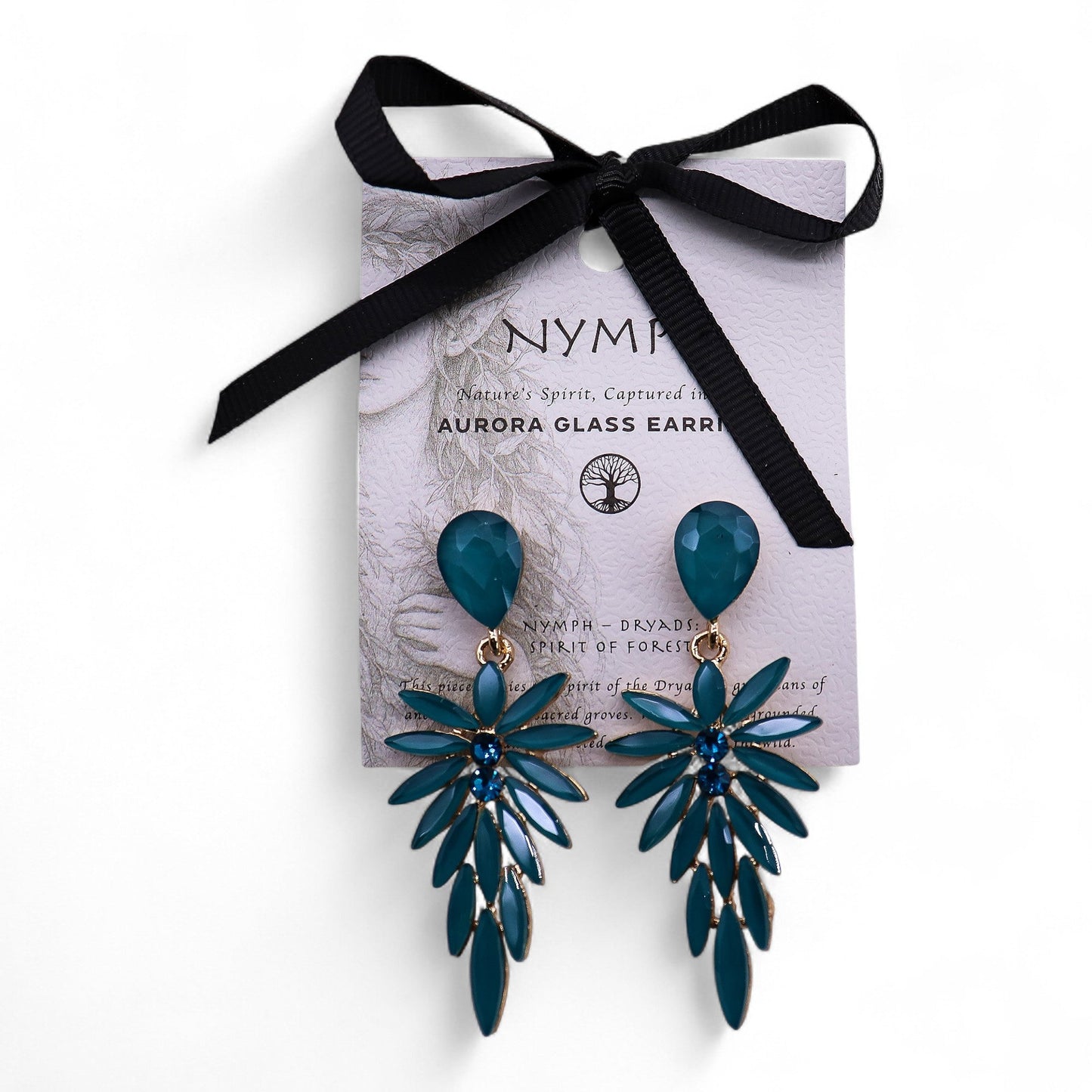 Mystical Nymph Aurora Vintage Glass Earrings - Teal Green / Long Drop product packaging on clean background from Quintessential Holistic Health Ltd