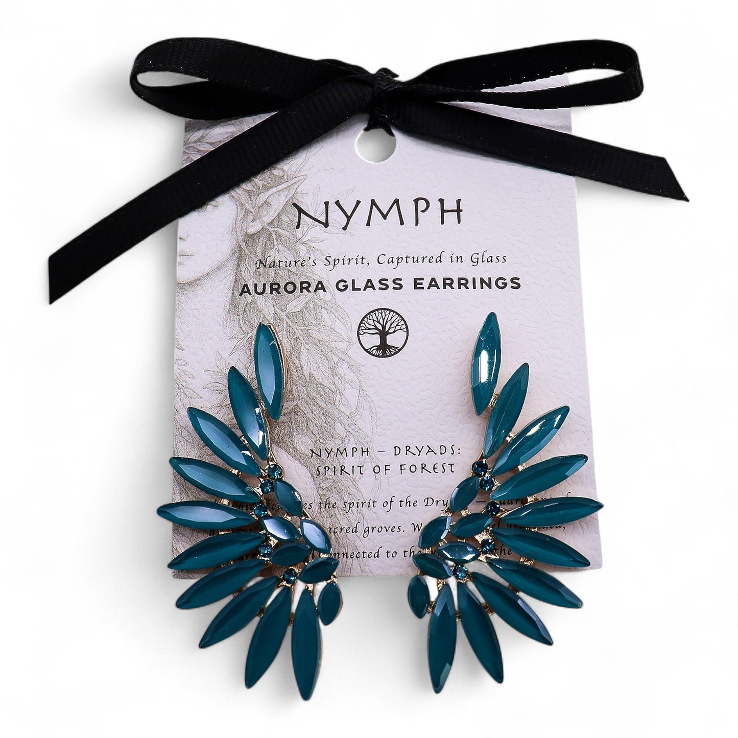 Mystical Nymph Aurora Vintage Glass Earrings - Teal Green / Angel Wings product packaging on clean background from Quintessential Holistic Health Ltd