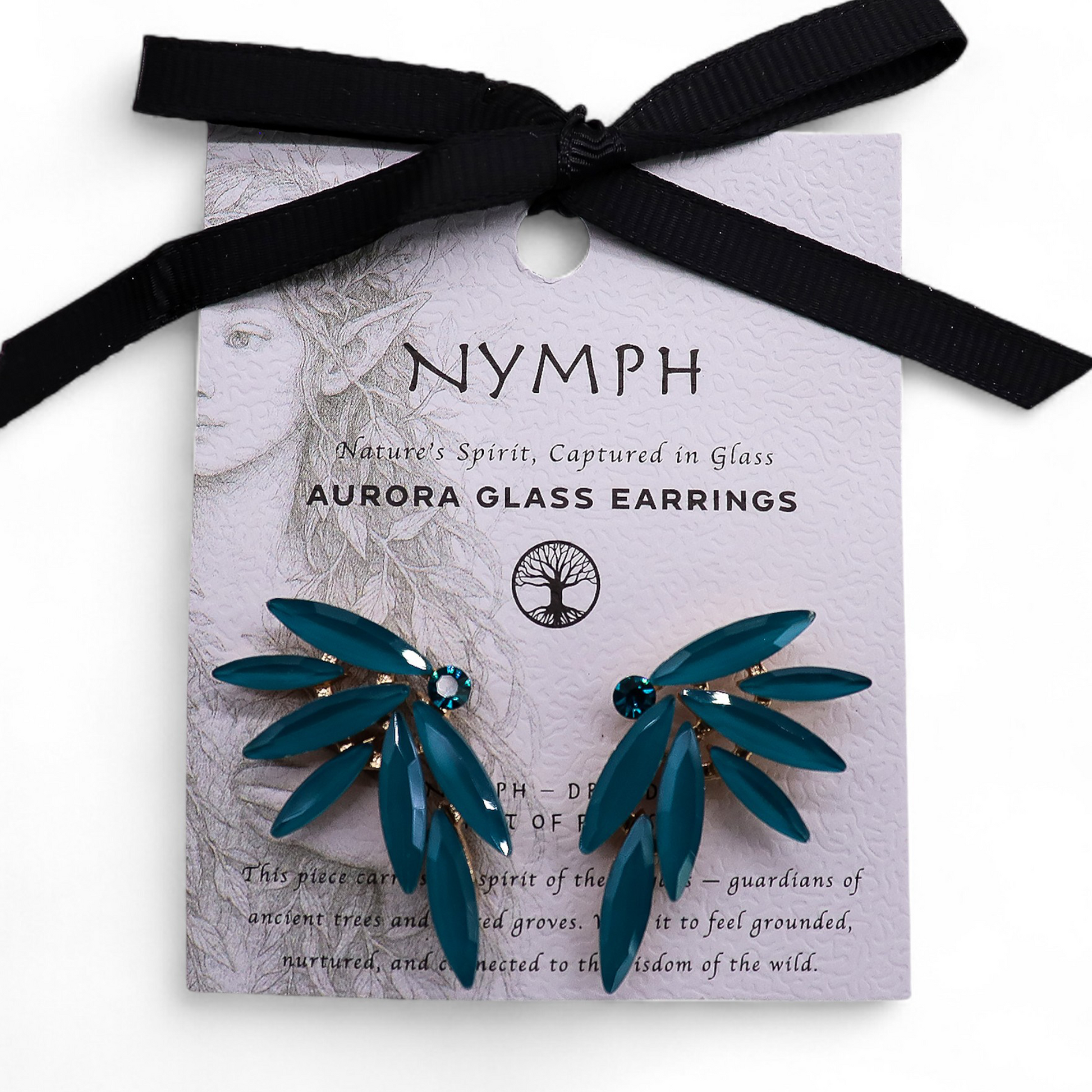 Mystical Nymph Aurora Vintage Glass Earrings - Teal Green / Fairies product packaging on clean background from Quintessential Holistic Health Ltd