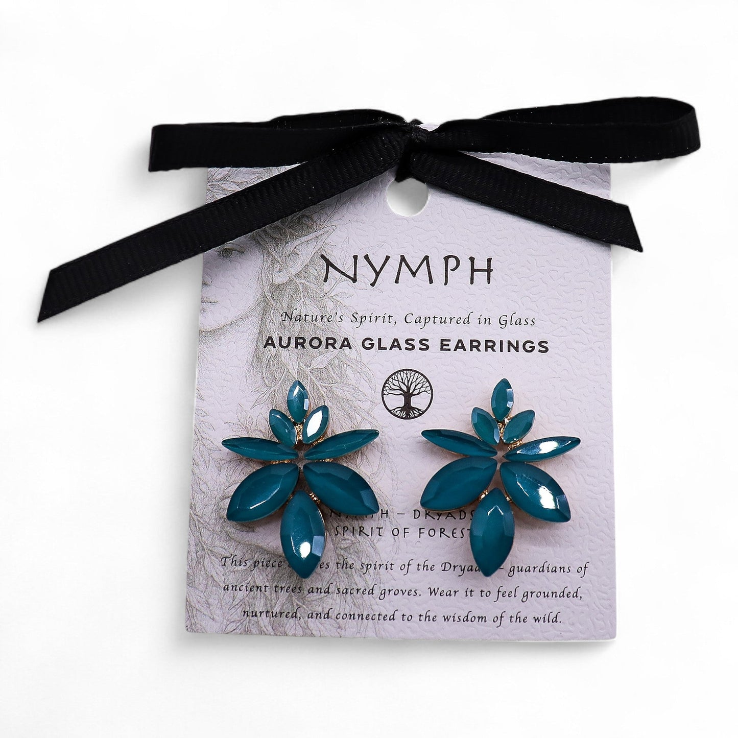 Mystical Nymph Aurora Vintage Glass Earrings - Teal Green / Flowers product packaging on clean background from Quintessential Holistic Health Ltd