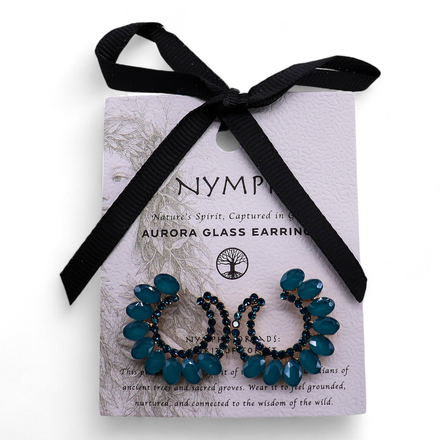 Mystical Nymph Aurora Vintage Glass Earrings - Teal Green / Loop product packaging on clean background from Quintessential Holistic Health Ltd