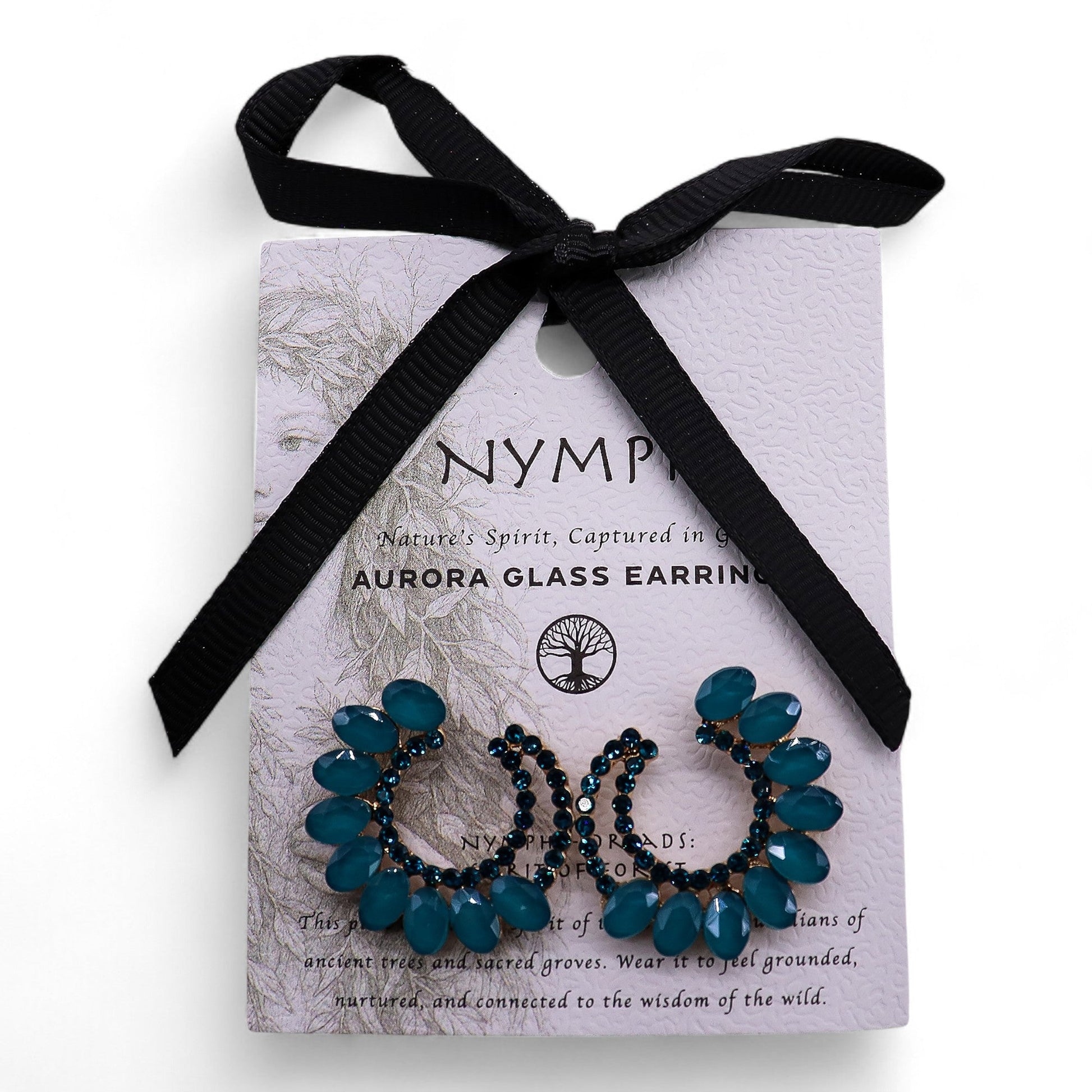 Mystical Nymph Aurora Vintage Glass Earrings - Teal Green / Loop product packaging on clean background from Quintessential Holistic Health Ltd