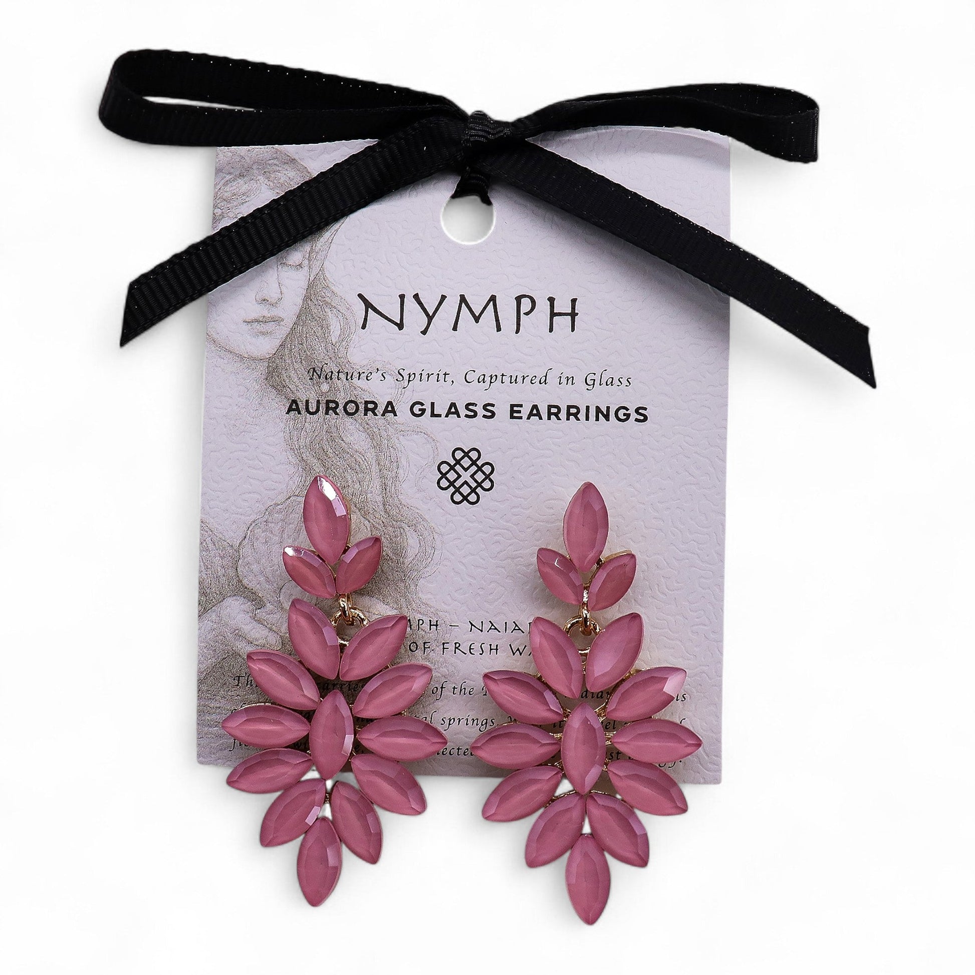 Mystical Nymph Aurora Vintage Glass Earrings - Soft Pink / Long Drop product packaging on clean background from Quintessential Holistic Health Ltd