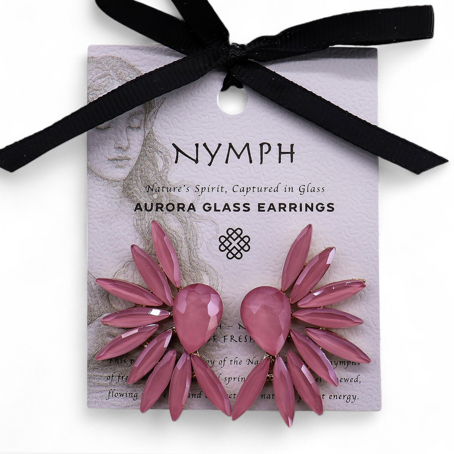 Mystical Nymph Aurora Vintage Glass Earrings - Soft Pink / Angel Wings product packaging on clean background from Quintessential Holistic Health Ltd