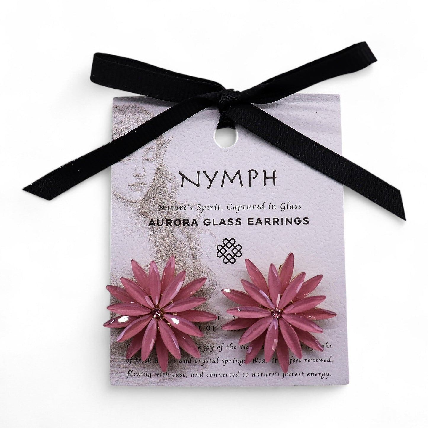 Mystical Nymph Aurora Vintage Glass Earrings - Soft Pink / Flowers product packaging on clean background from Quintessential Holistic Health Ltd