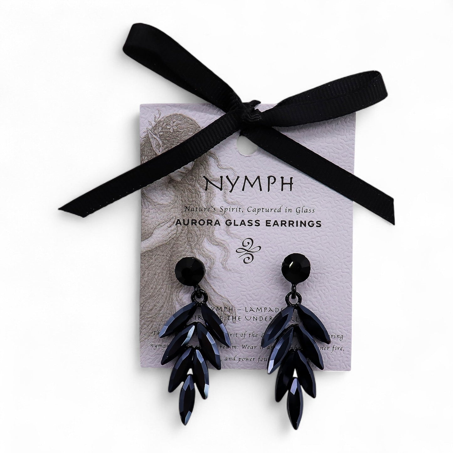 Mystical Nymph Aurora Vintage Glass Earrings - Jet Black / Long Drop product packaging on clean background from Quintessential Holistic Health Ltd