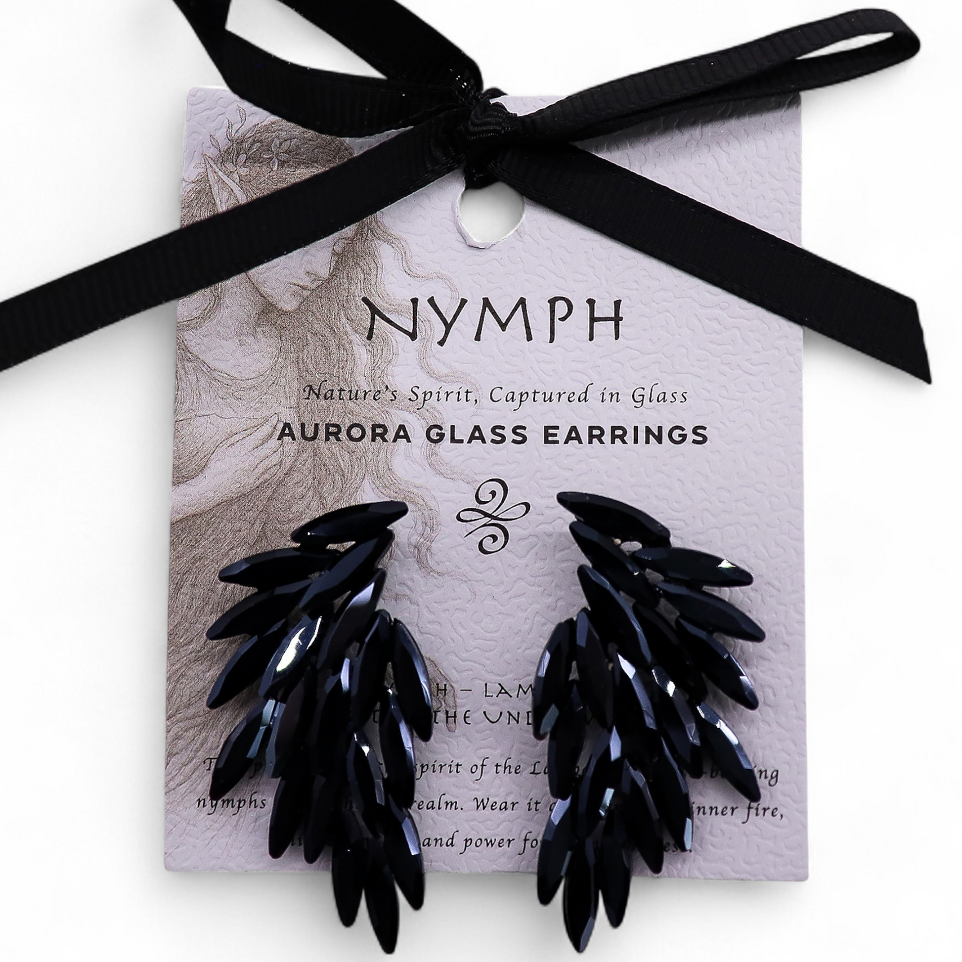Mystical Nymph Aurora Vintage Glass Earrings - Jet Black / Angel Wings product packaging on clean background from Quintessential Holistic Health Ltd