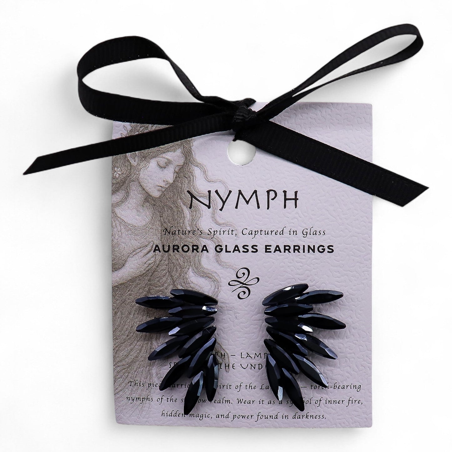 Mystical Nymph Aurora Vintage Glass Earrings - Jet Black / Fairies product packaging on clean background from Quintessential Holistic Health Ltd