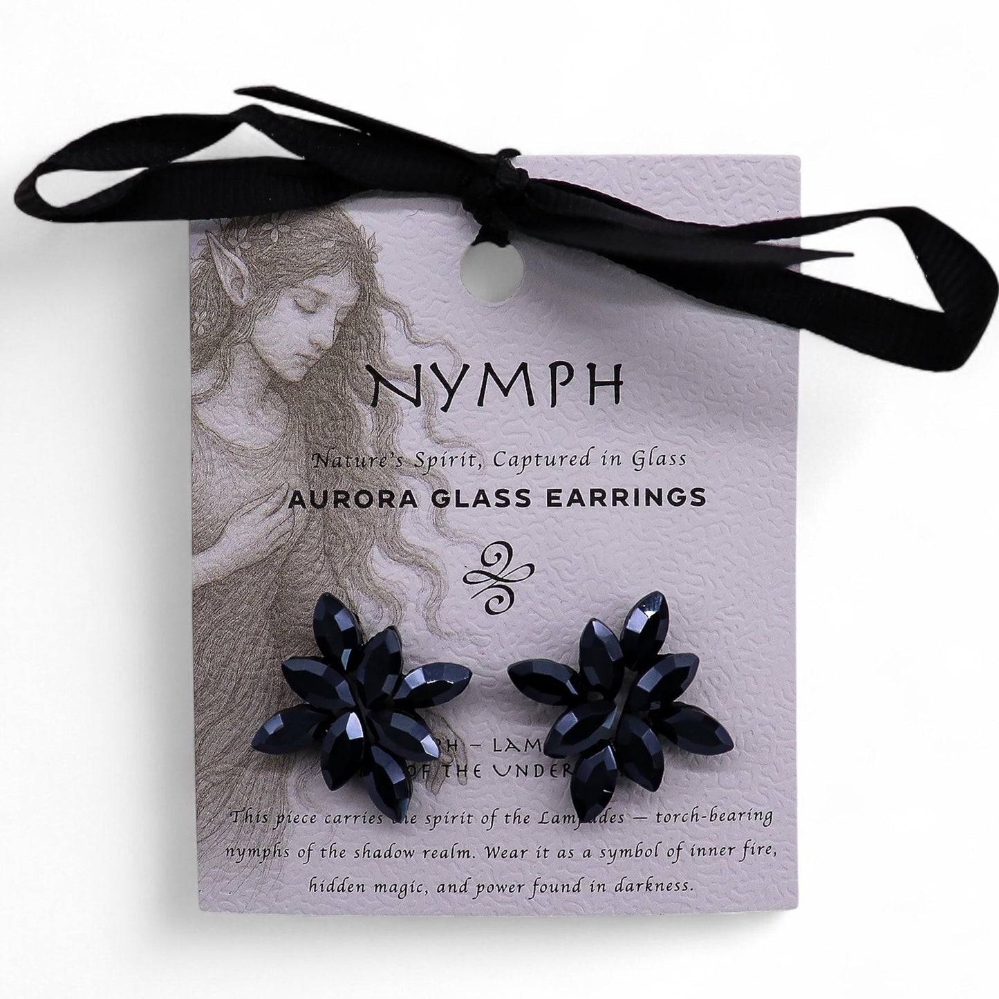 Mystical Nymph Aurora Vintage Glass Earrings - Jet Black / Flowers product packaging on clean background from Quintessential Holistic Health Ltd