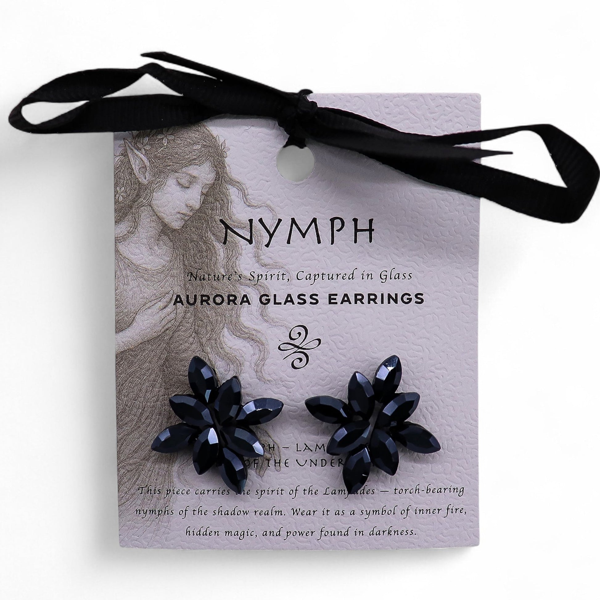 Mystical Nymph Aurora Vintage Glass Earrings - Jet Black / Flowers product packaging on clean background from Quintessential Holistic Health Ltd