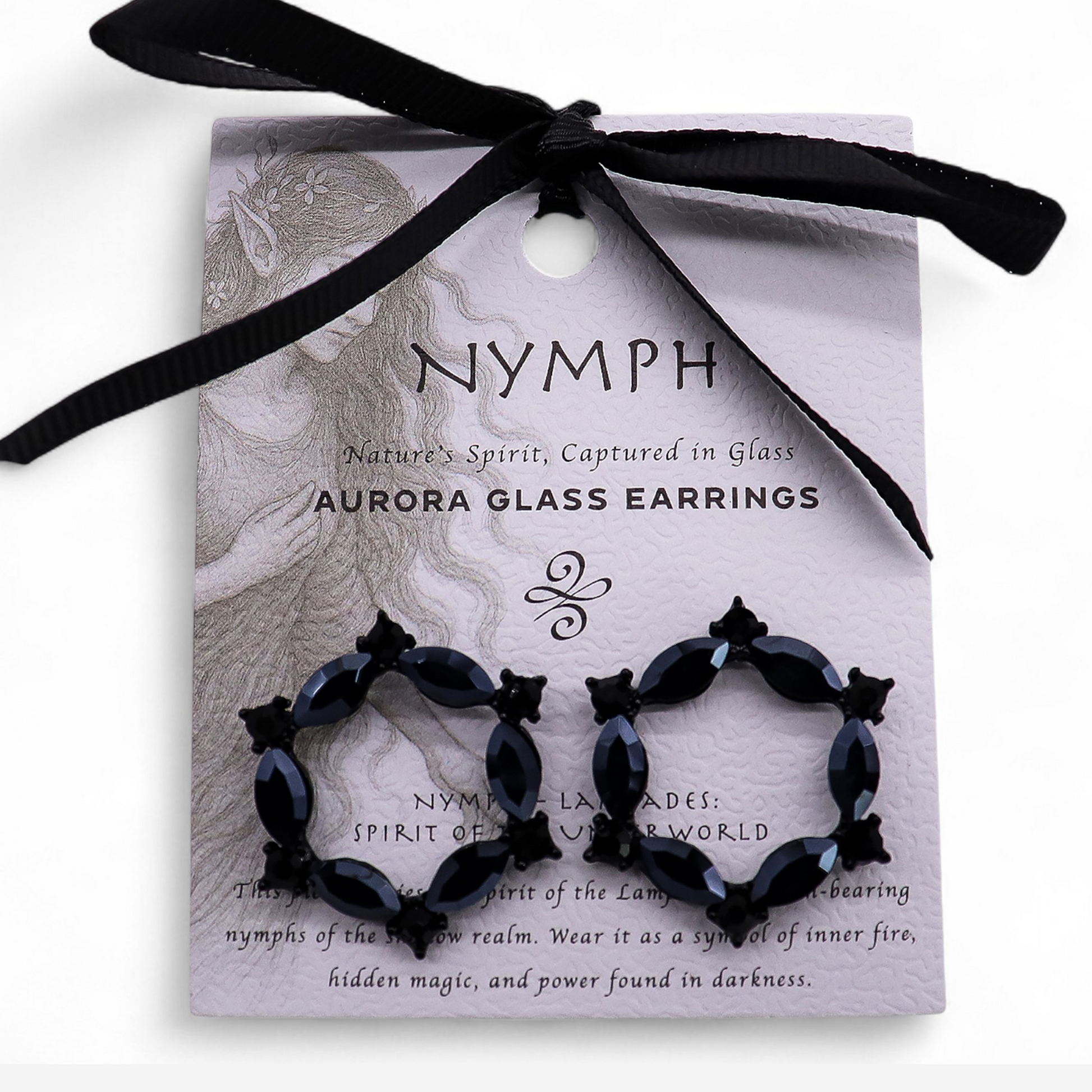 Mystical Nymph Aurora Vintage Glass Earrings - Jet Black / Loop product packaging on clean background from Quintessential Holistic Health Ltd
