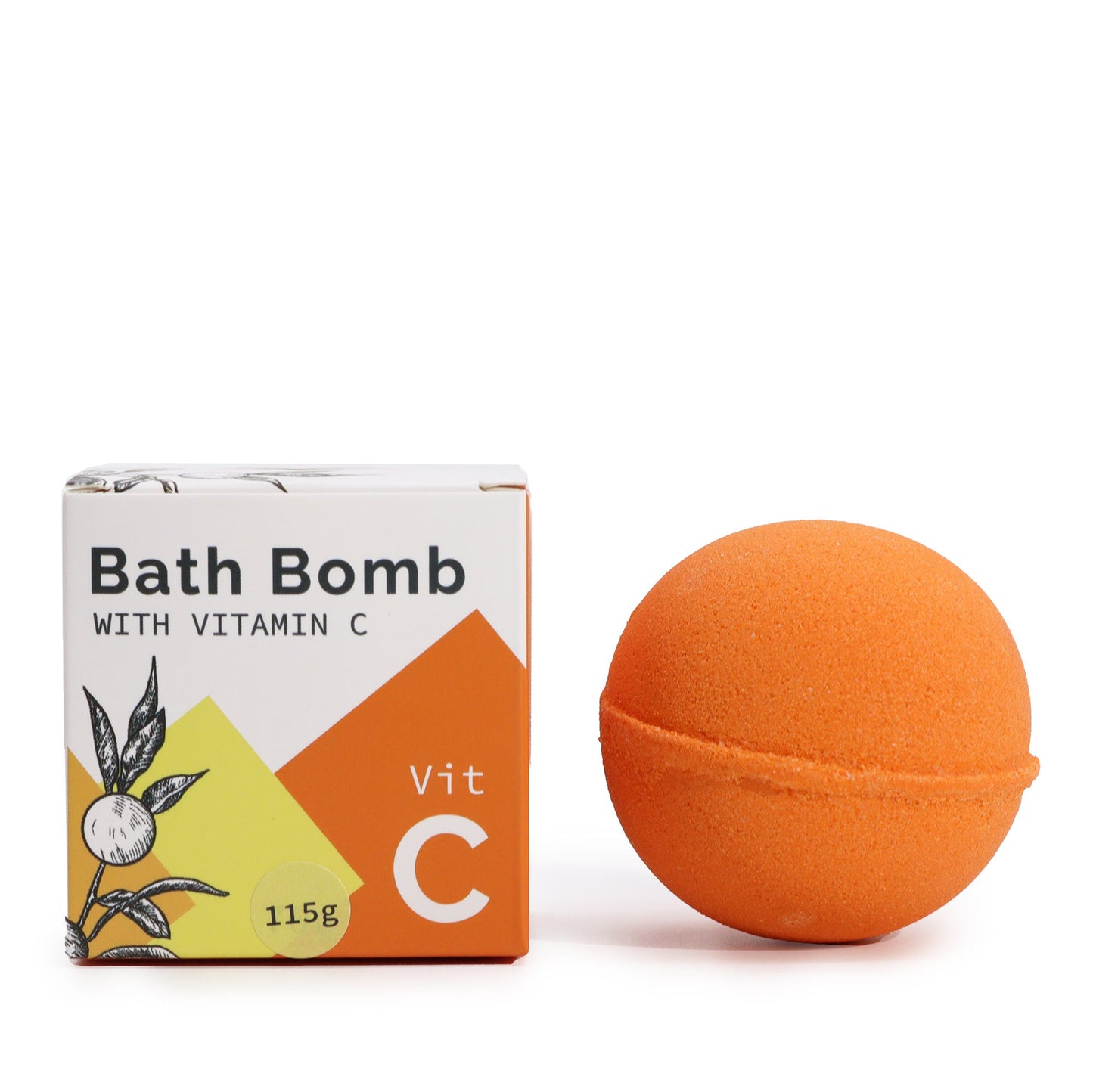 Vitamin C-Infused Bath Bomb with Essential Oils, orange bath bomb beside a white illustrated box, by Quintessential Holistic Health Ltd