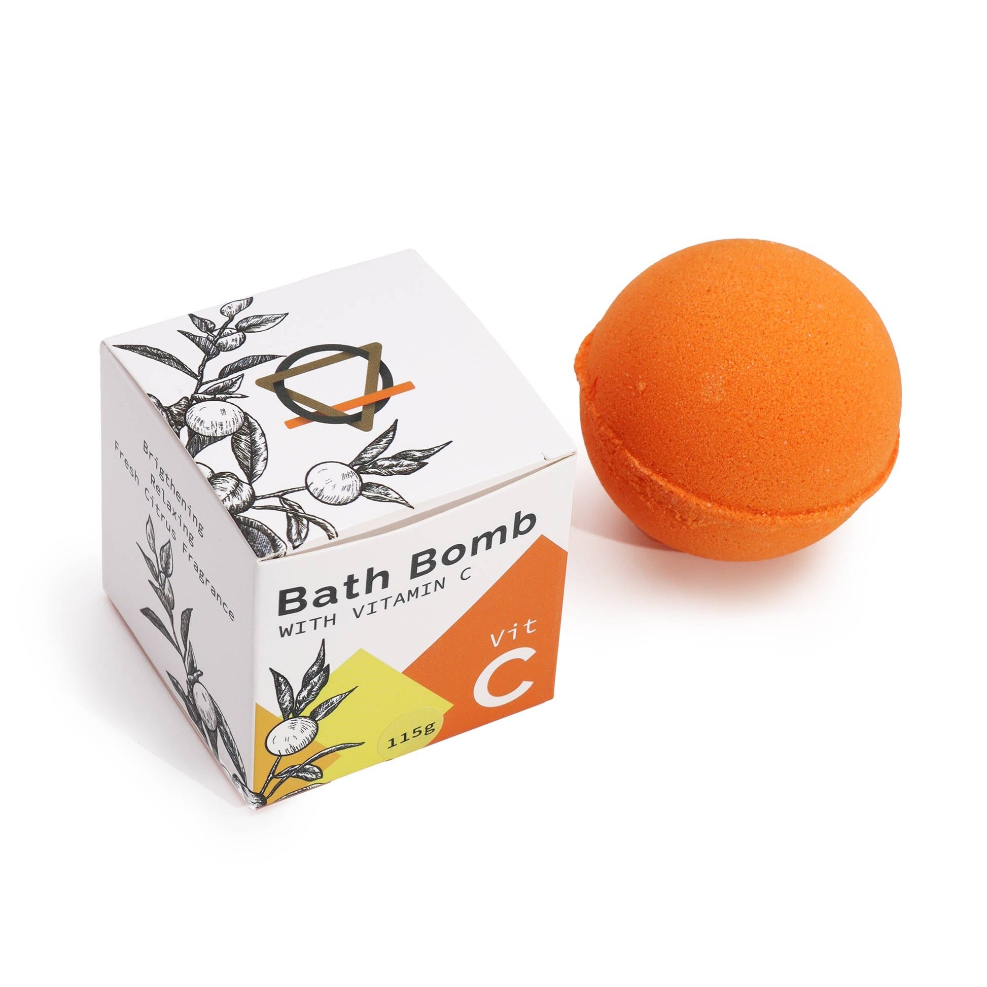 Vitamin C-Infused Bath Bomb with Essential Oils, orange bath bomb behind an angled illustrated box, by Quintessential Holistic Health Ltd