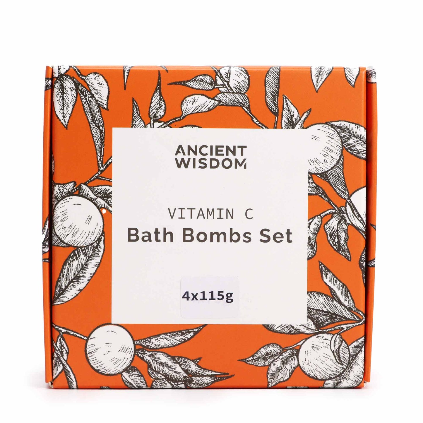 Set of 4 Vitamin C Skincare Bath Bombs - Aromatherapy Quartet, front view of the orange citrus-patterned box by Quintessential Holistic Health Ltd