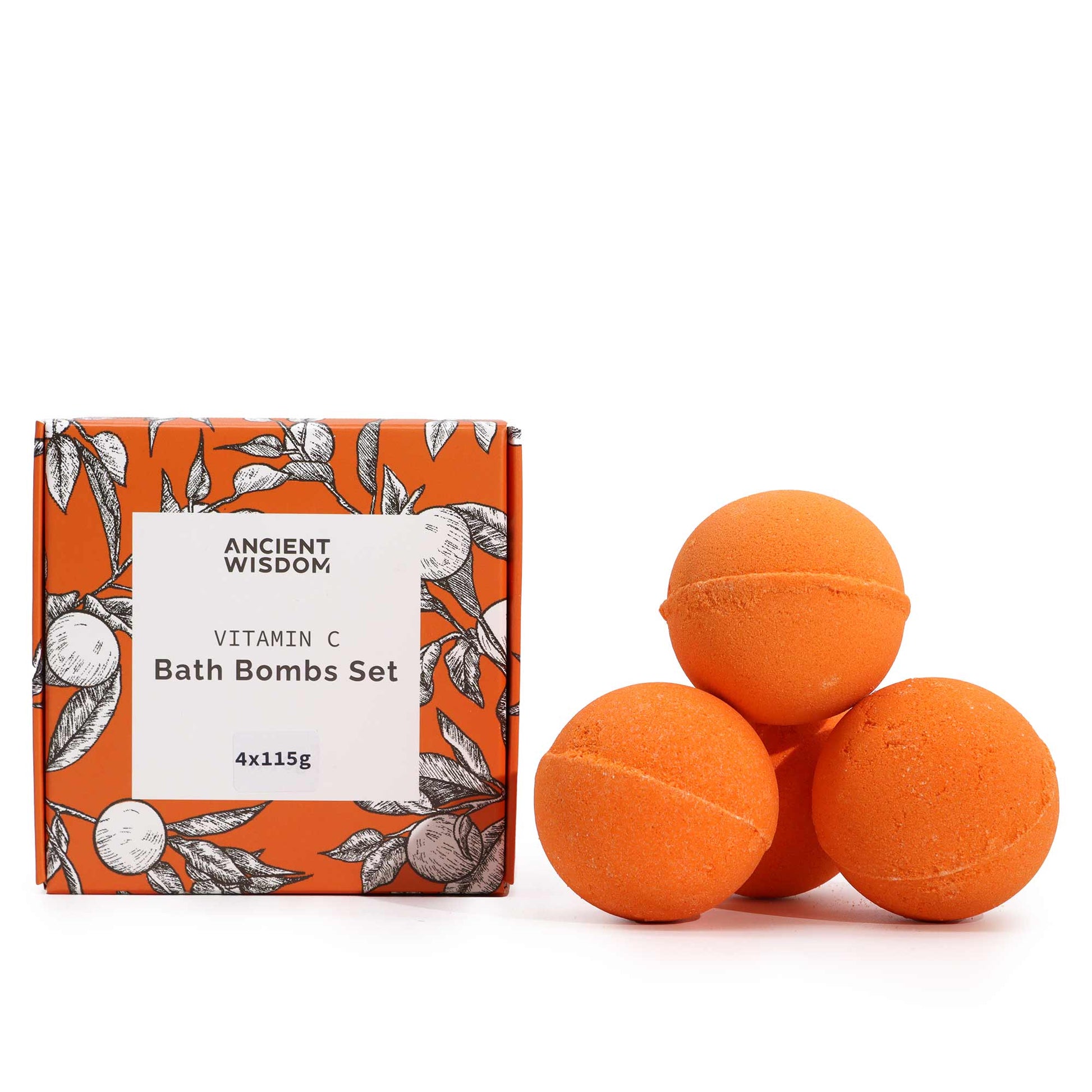 Set of 4 Vitamin C Skincare Bath Bombs – Aromatherapy Quartet product packaging on clean background from Quintessential Holistic Health Ltd