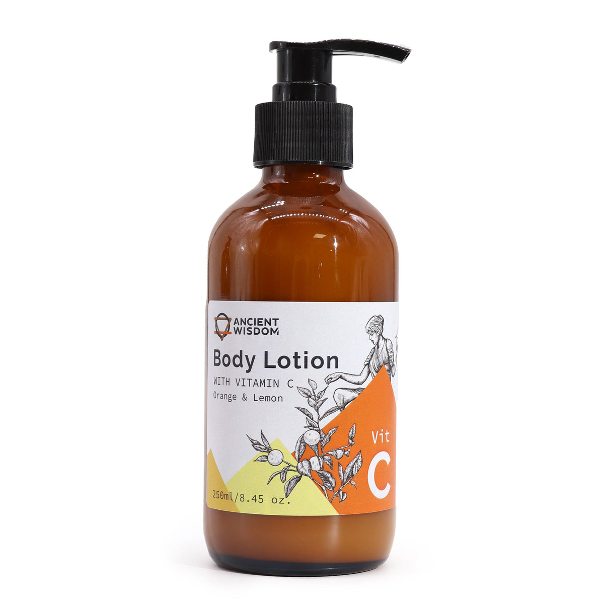 Vitamin C Goddess’s Body Lotion - Orange and Lemon, amber pump bottle with an illustrated orange-and-yellow label, by Quintessential Holistic Health Ltd