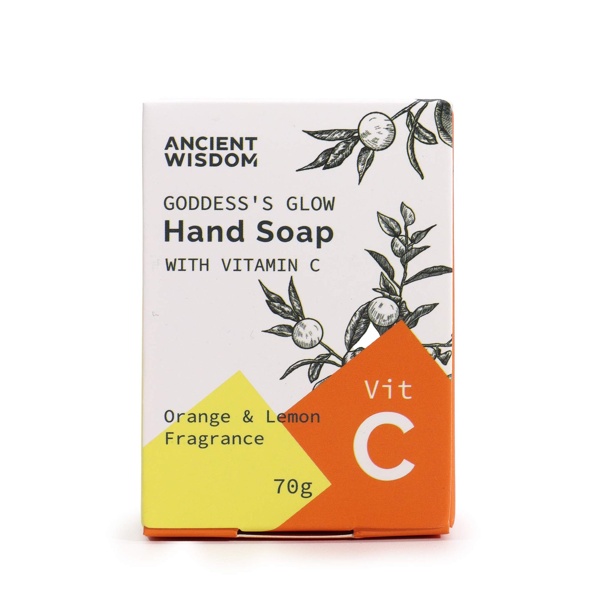 Vitamin C Skincare - Brightening Hand Soap with Essential Oils, shown in a white, yellow and orange 70g box, by Quintessential Holistic Health Ltd