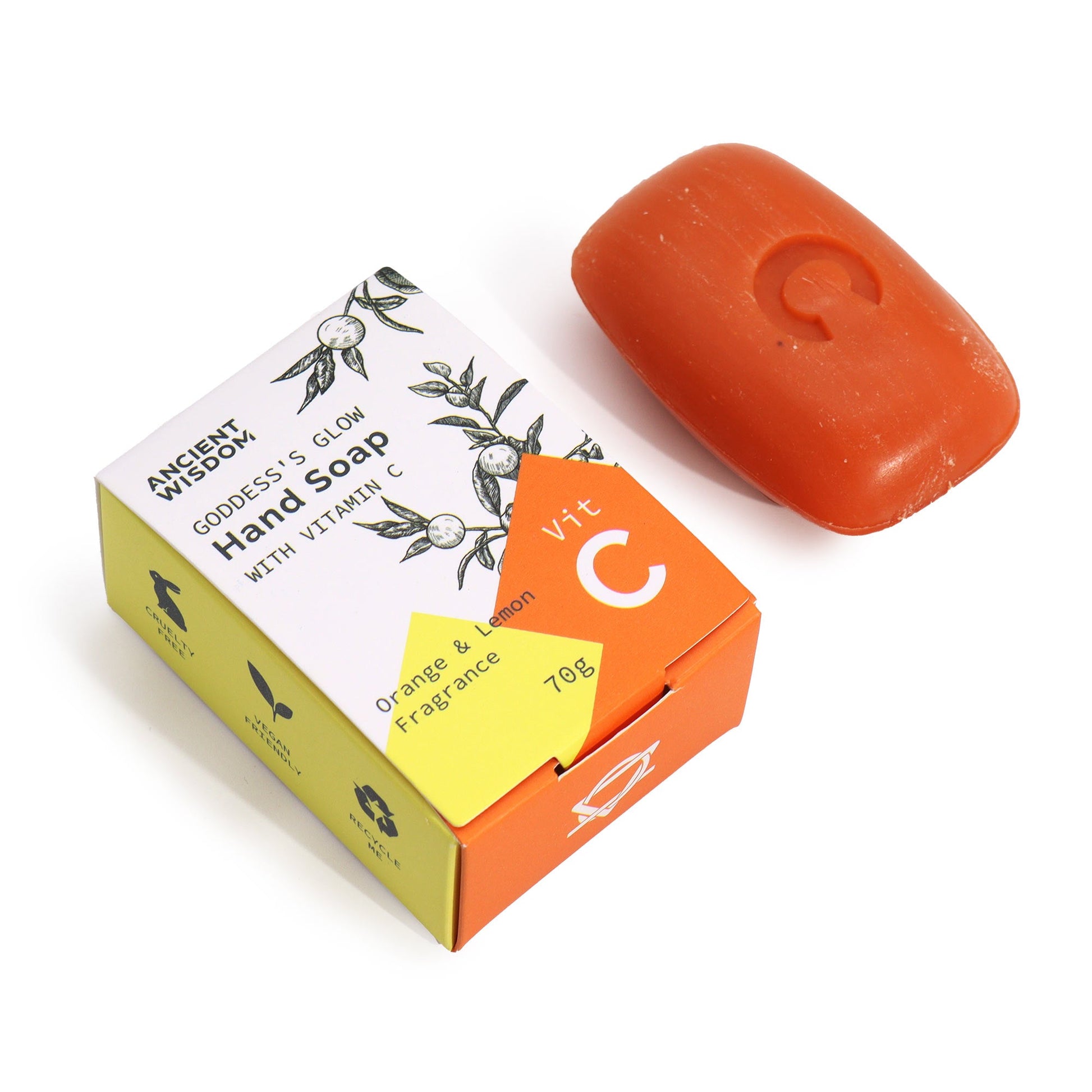 Vitamin C Skincare - Brightening Hand Soap with Essential Oils, printed carton beside an orange soap bar, by Quintessential Holistic Health Ltd