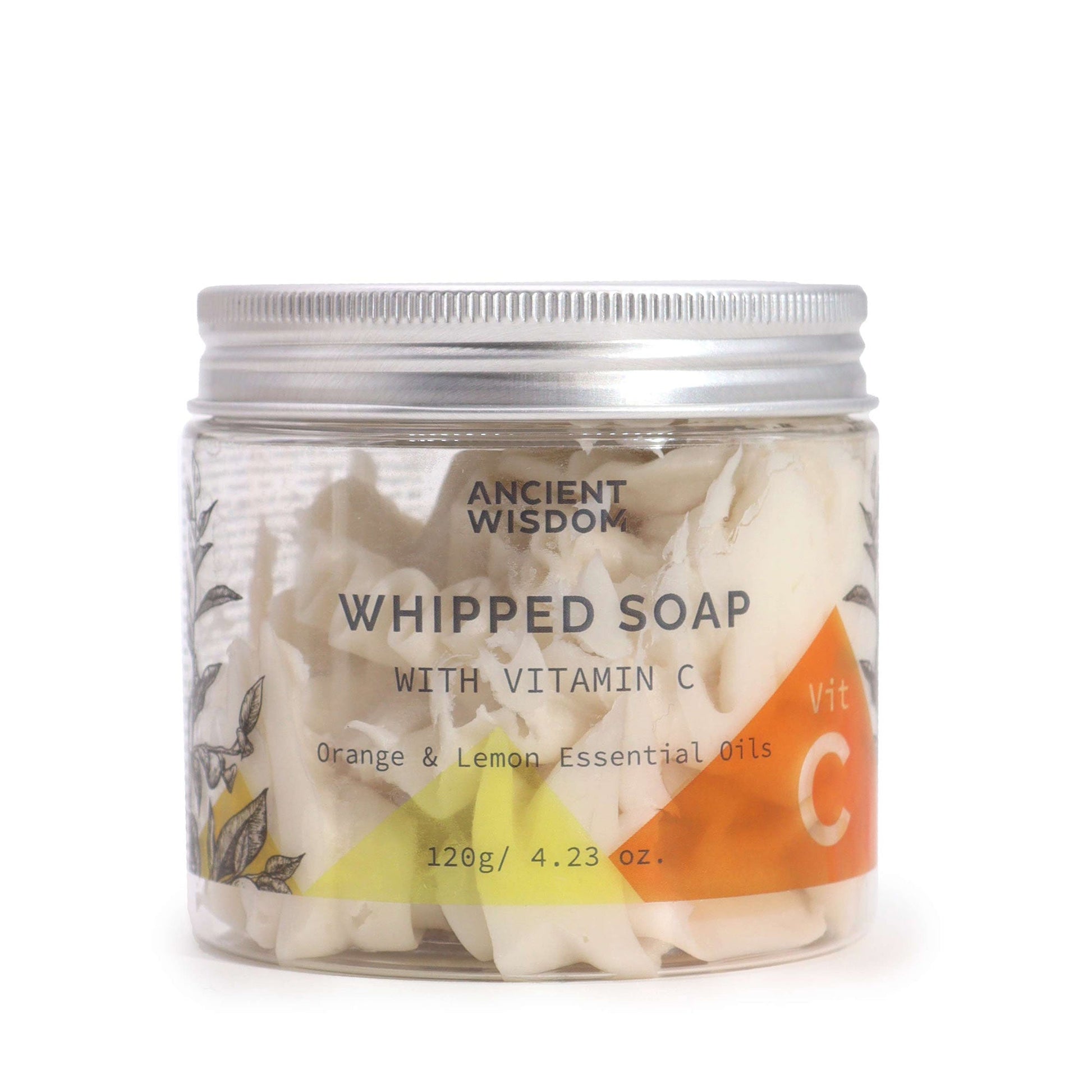 Vitamin C Aromatherapy Whipped Soap 120g, clear lidded jar with white swirls and orange label details by Quintessential Holistic Health Ltd