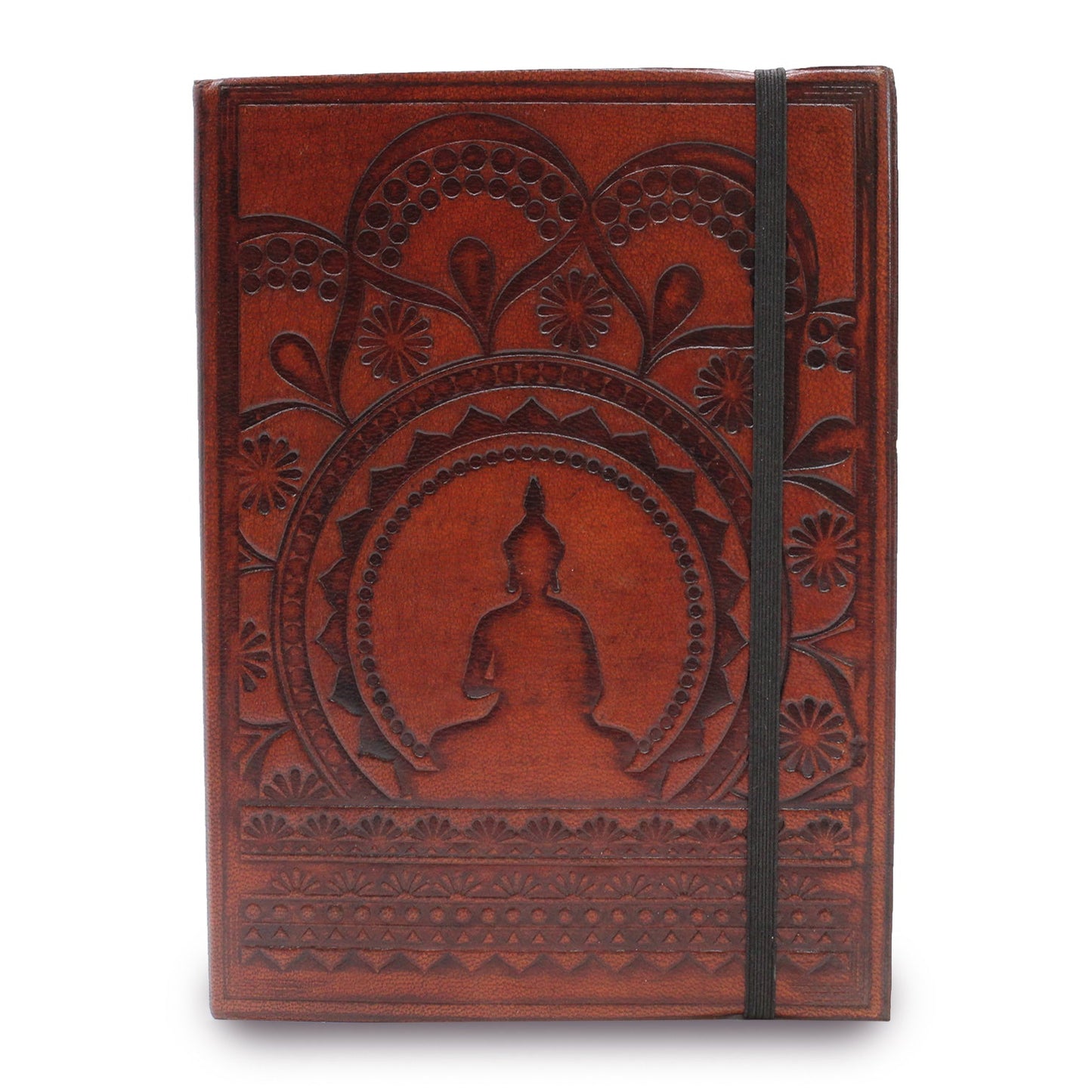 Handmade Vegetable Tanned Leather-Bound Eco-Friendly Notebook with Wrap - Medium / Burgundy / Tibetan Mandala product packaging on clean background from Quintessential Holistic Health Ltd