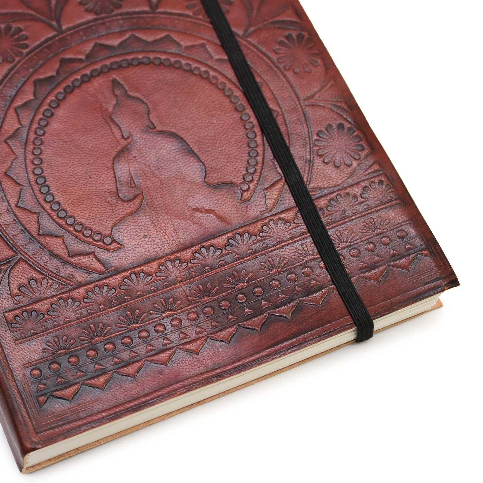 Handmade Vegetable Tanned Leather-Bound Eco-Friendly Notebook with Wrap - Medium / Burgundy / Tibetan Mandala product packaging on clean background from Quintessential Holistic Health Ltd