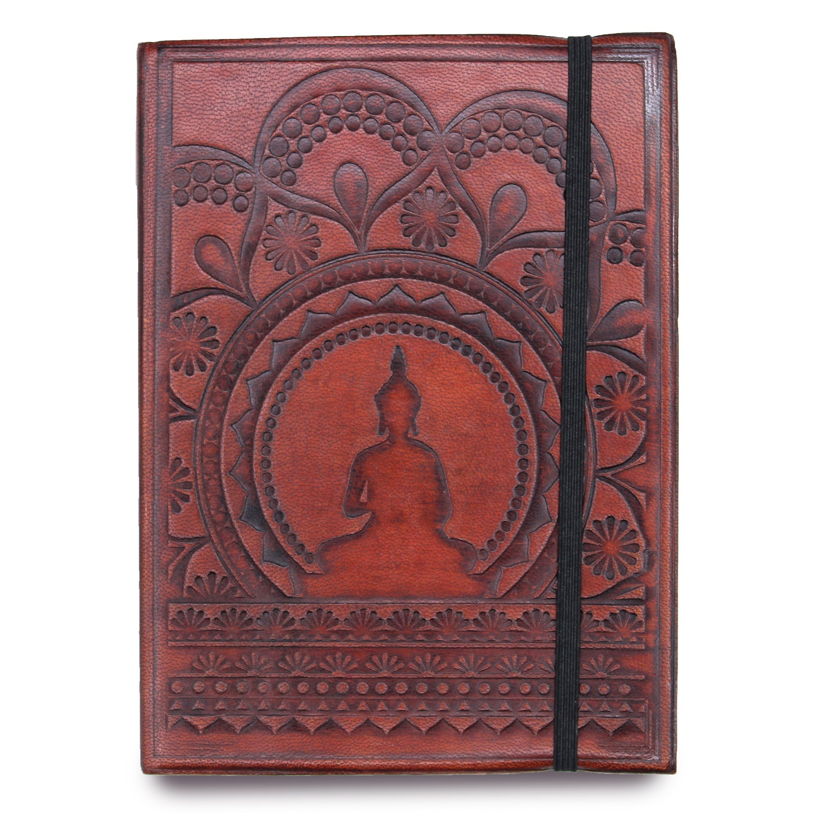 Handmade Vegetable Tanned Leather-Bound Eco-Friendly Notebook with Wrap - Medium / Burgundy / Tibetan Mandala product packaging on clean background from Quintessential Holistic Health Ltd