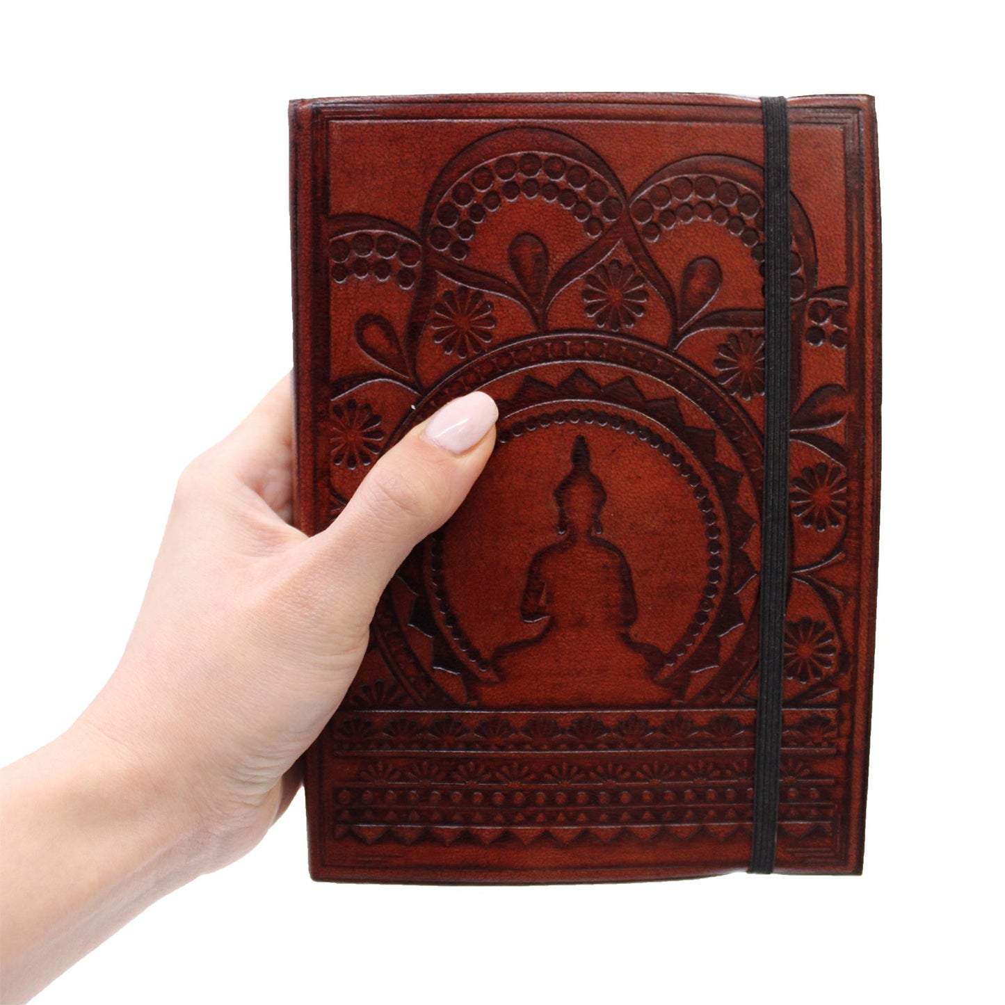 Handmade Vegetable Tanned Leather-Bound Eco-Friendly Notebook with Wrap - Medium / Burgundy / Tibetan Mandala product packaging on clean background from Quintessential Holistic Health Ltd