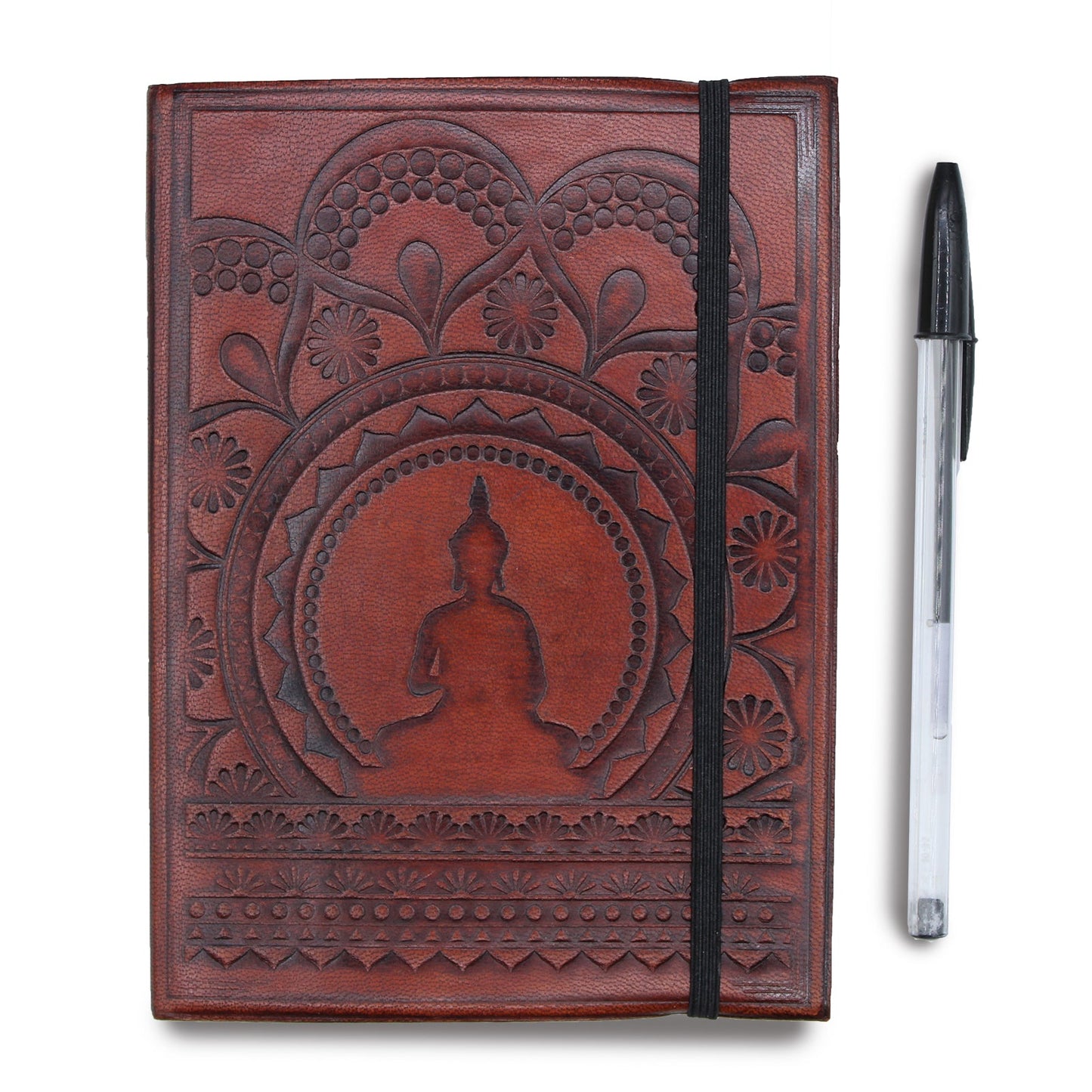 Handmade Vegetable Tanned Leather-Bound Eco-Friendly Notebook with Wrap - Medium / Burgundy / Tibetan Mandala product packaging on clean background from Quintessential Holistic Health Ltd
