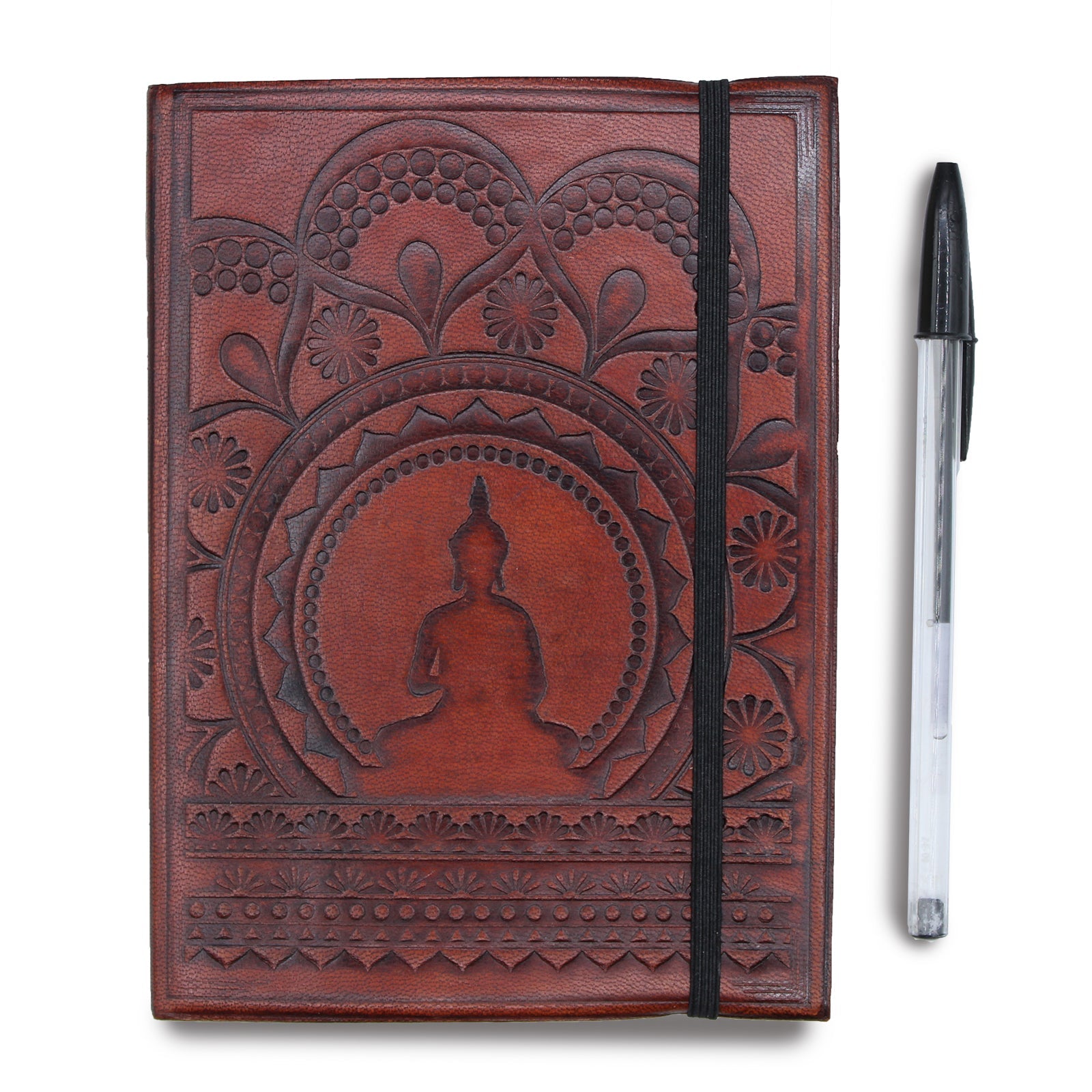 Handmade Vegetable Tanned Leather-Bound Eco-Friendly Notebook with Wrap - Medium / Burgundy / Tibetan Mandala product packaging on clean background from Quintessential Holistic Health Ltd