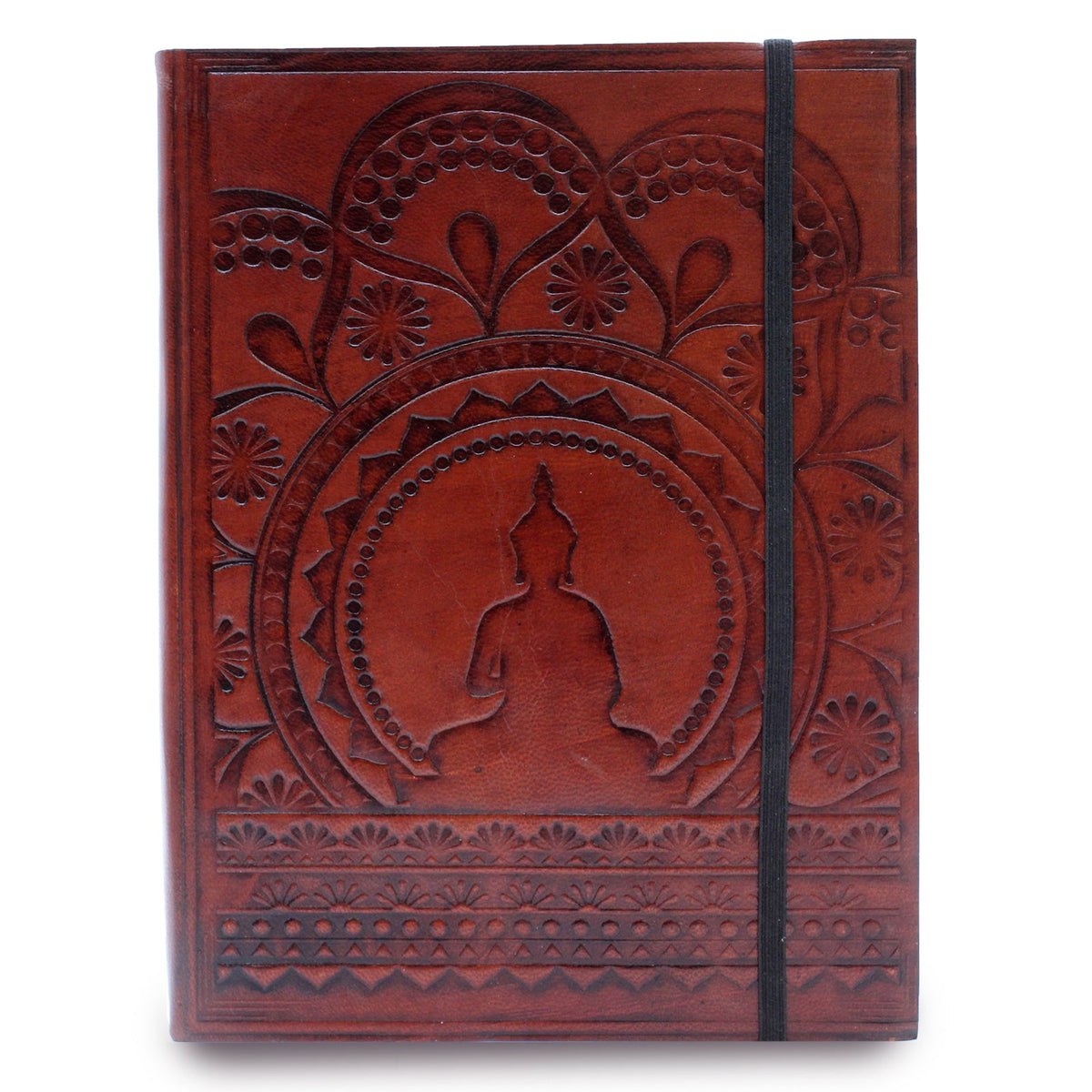 Handmade Vegetable Tanned - Large - Burgundy - Tibetan Mandala with embossed seated figure and black elastic closure by Quintessential Holistic Health Ltd