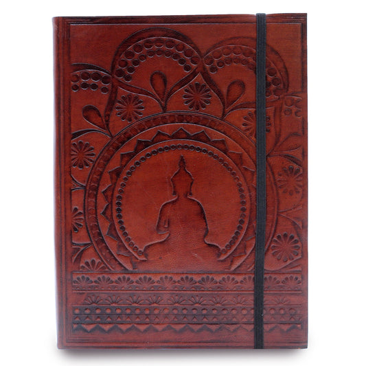 Handmade Vegetable Tanned Leather-Bound Eco-Friendly Notebook with Wrap - Large - Burgundy - Tibetan Mandala - main product image from Quintessential Holistic Health Ltd UK