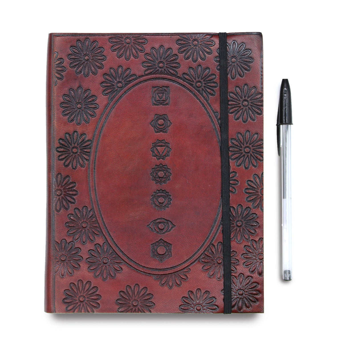 Handmade Vegetable Tanned - Large - Burgundy - Tibetan Mandala with chakra symbols beside a black pen by Quintessential Holistic Health Ltd