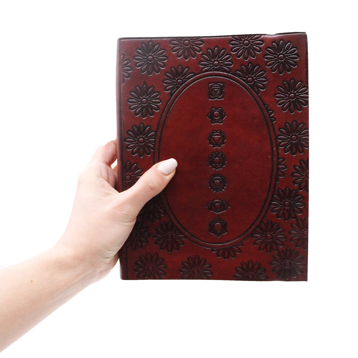 Handmade Vegetable Tanned - Large - Burgundy - Tibetan Mandala with chakra symbols, held upright in one hand by Quintessential Holistic Health Ltd