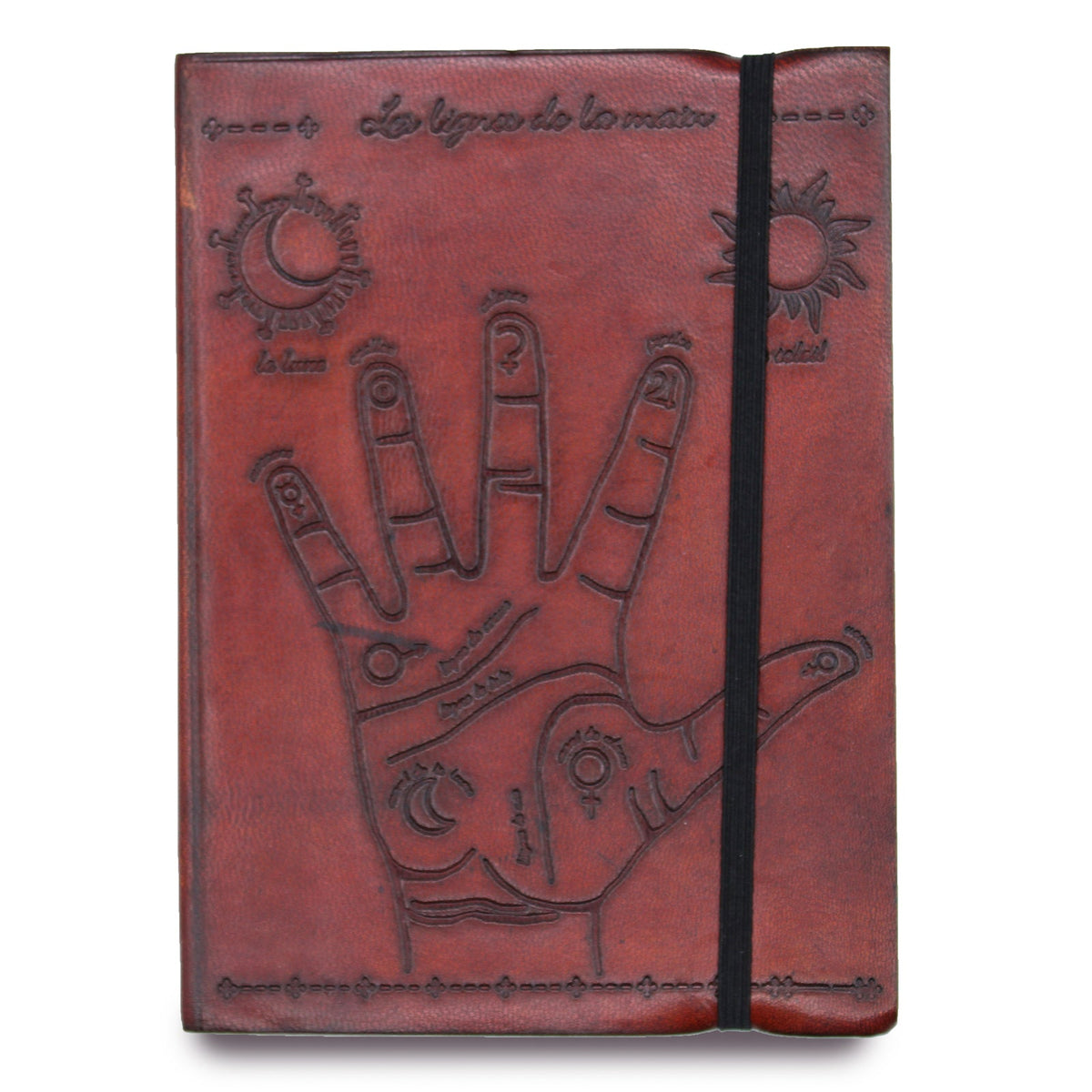 Vegetable-Tanned Leather Notebook - Medium - Burgundy Palmistry with embossed hand diagram and black elastic by Quintessential Holistic Health Ltd