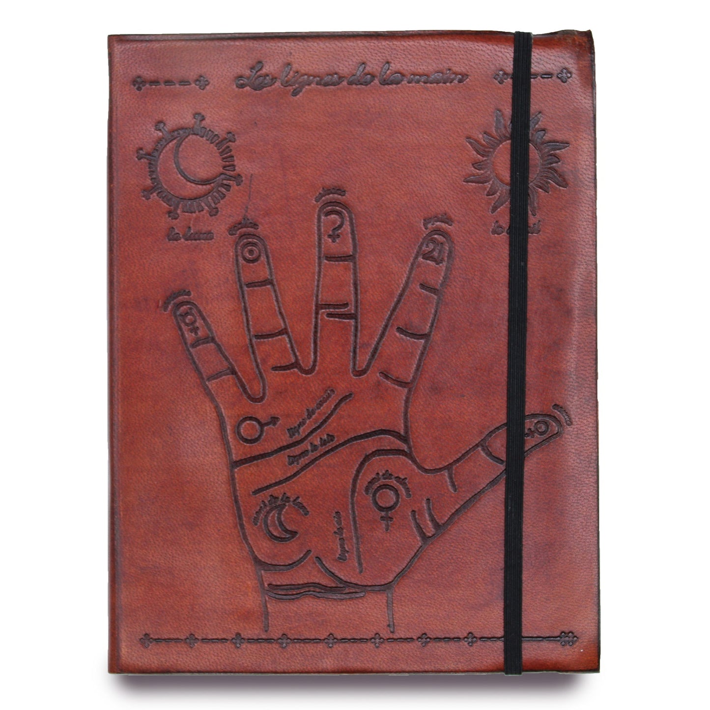 Handmade Vegetable Tanned Leather-Bound Eco-Friendly Notebook with Wrap - Large / Burgundy / Palmistry product packaging on clean background from Quintessential Holistic Health Ltd